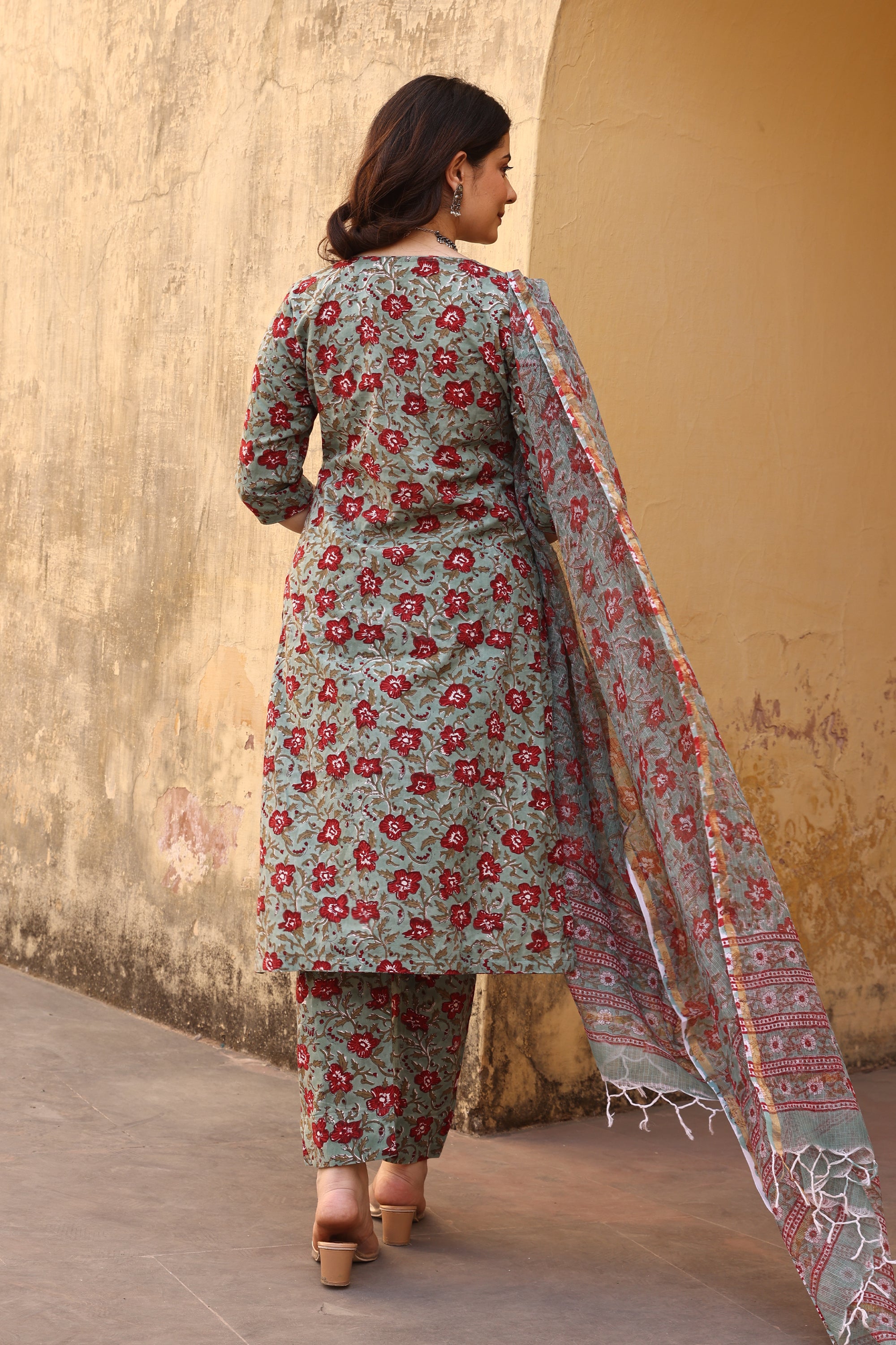 Green Red Jaali Cotton Straight Set