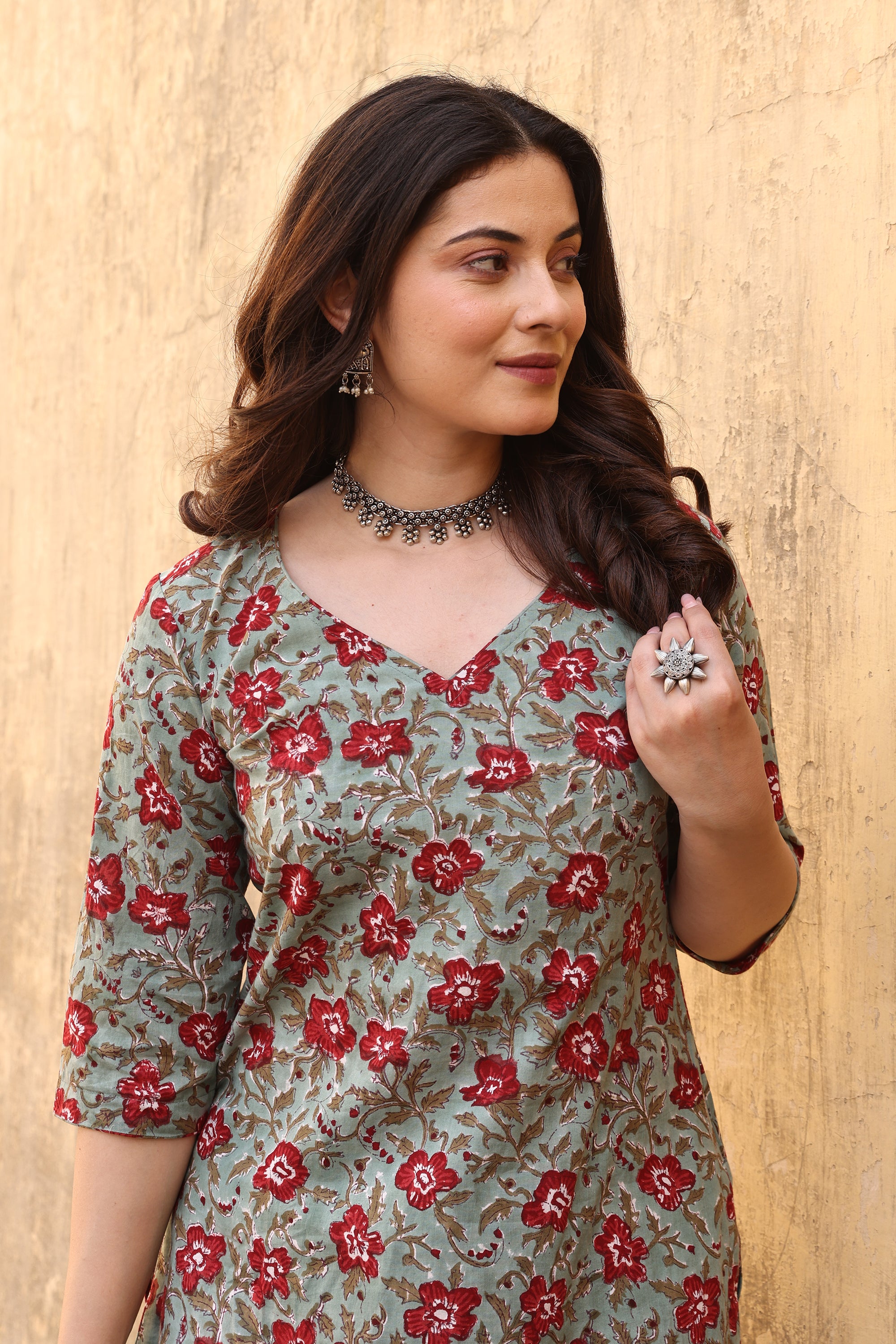 Green Red Jaali Cotton Straight Set