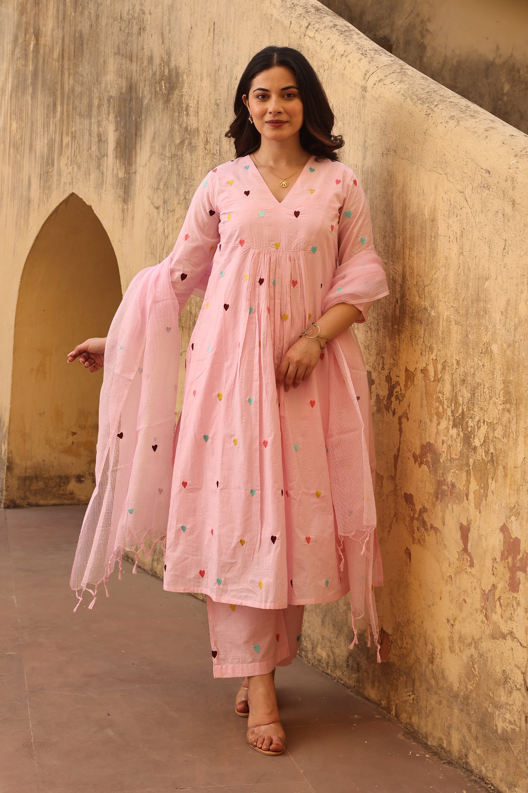 Light Pink Heart Cotton Straight Set