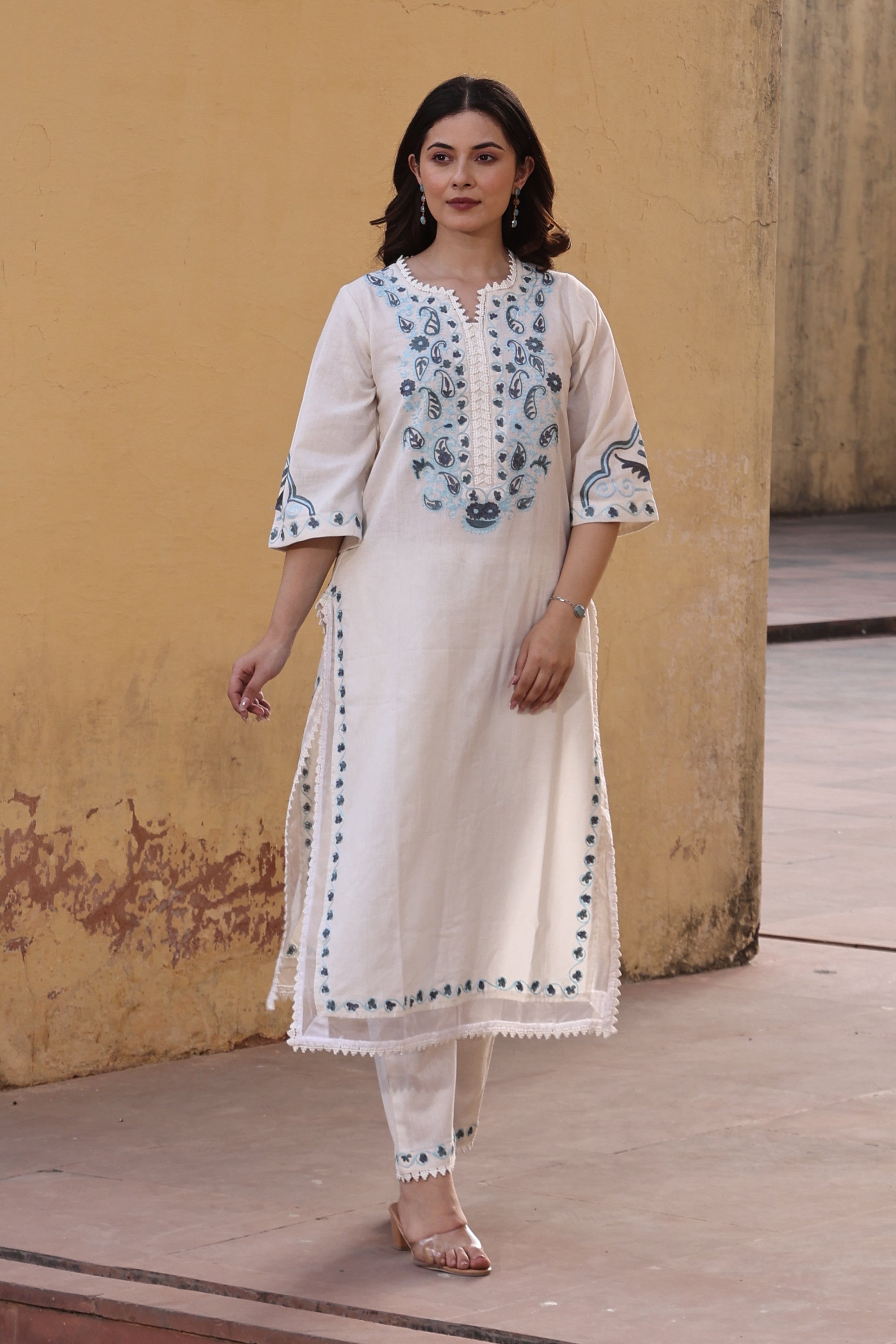 White Cotton Slub Blue Embroidery Straight Set