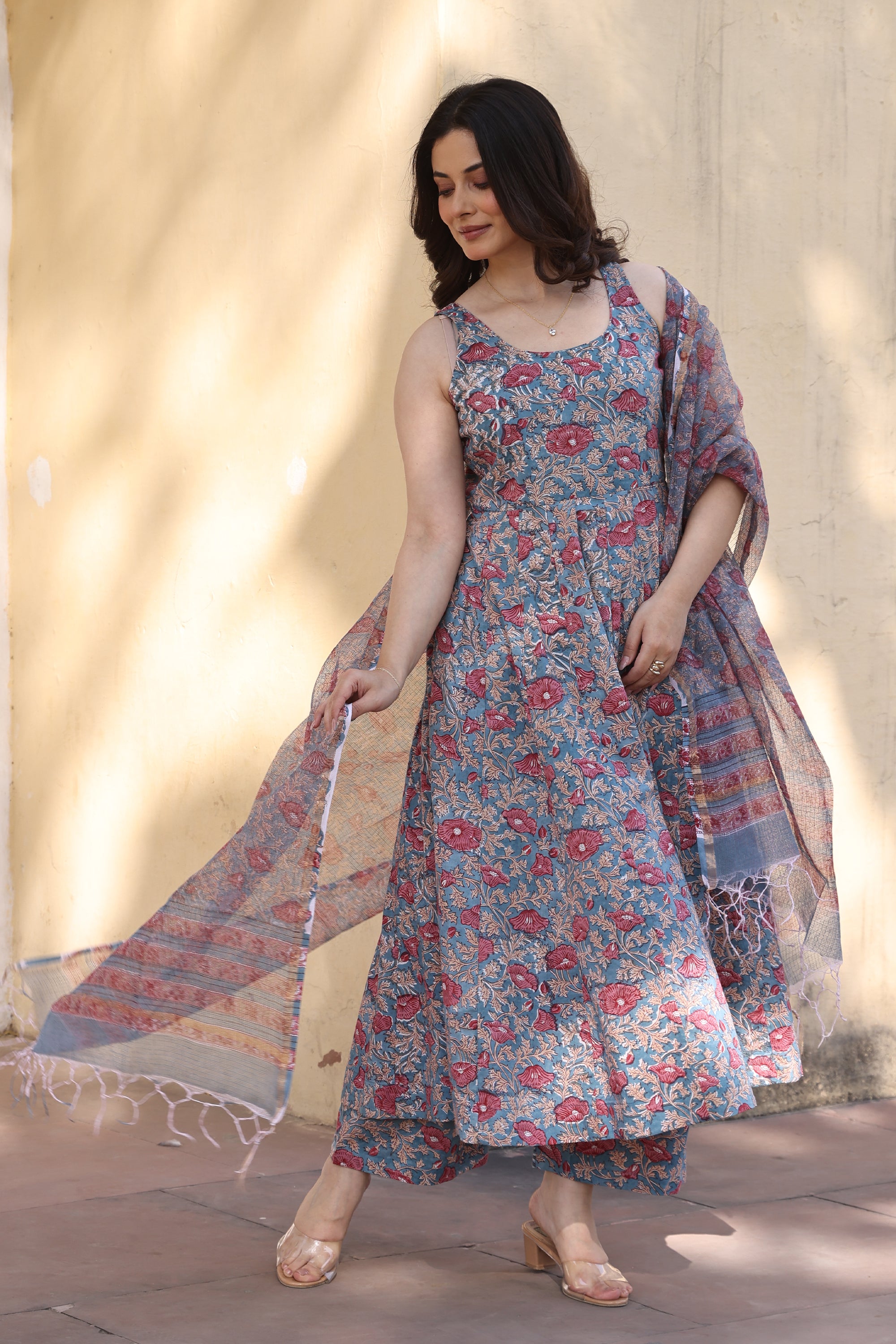 Blue Red Jaali Petals Anarkali Suit Set