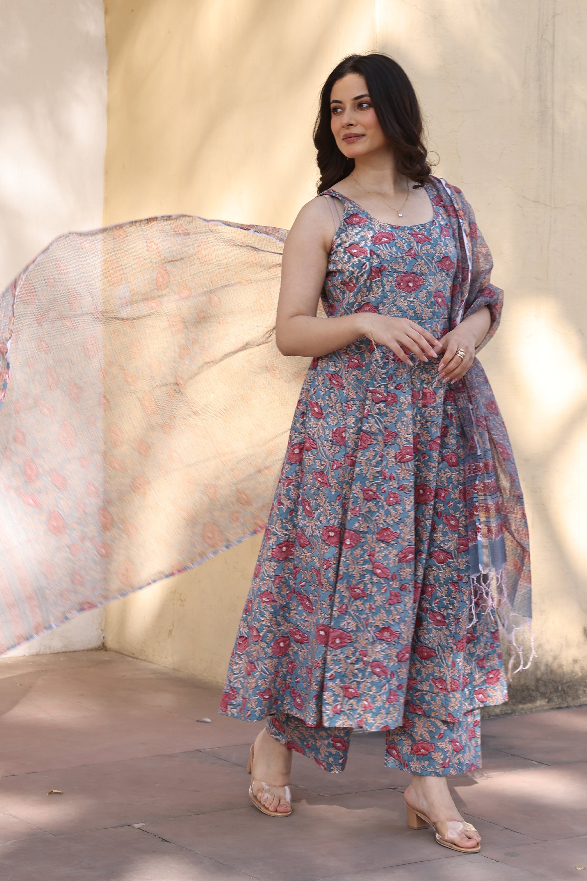 Blue Red Jaali Petals Anarkali Suit Set