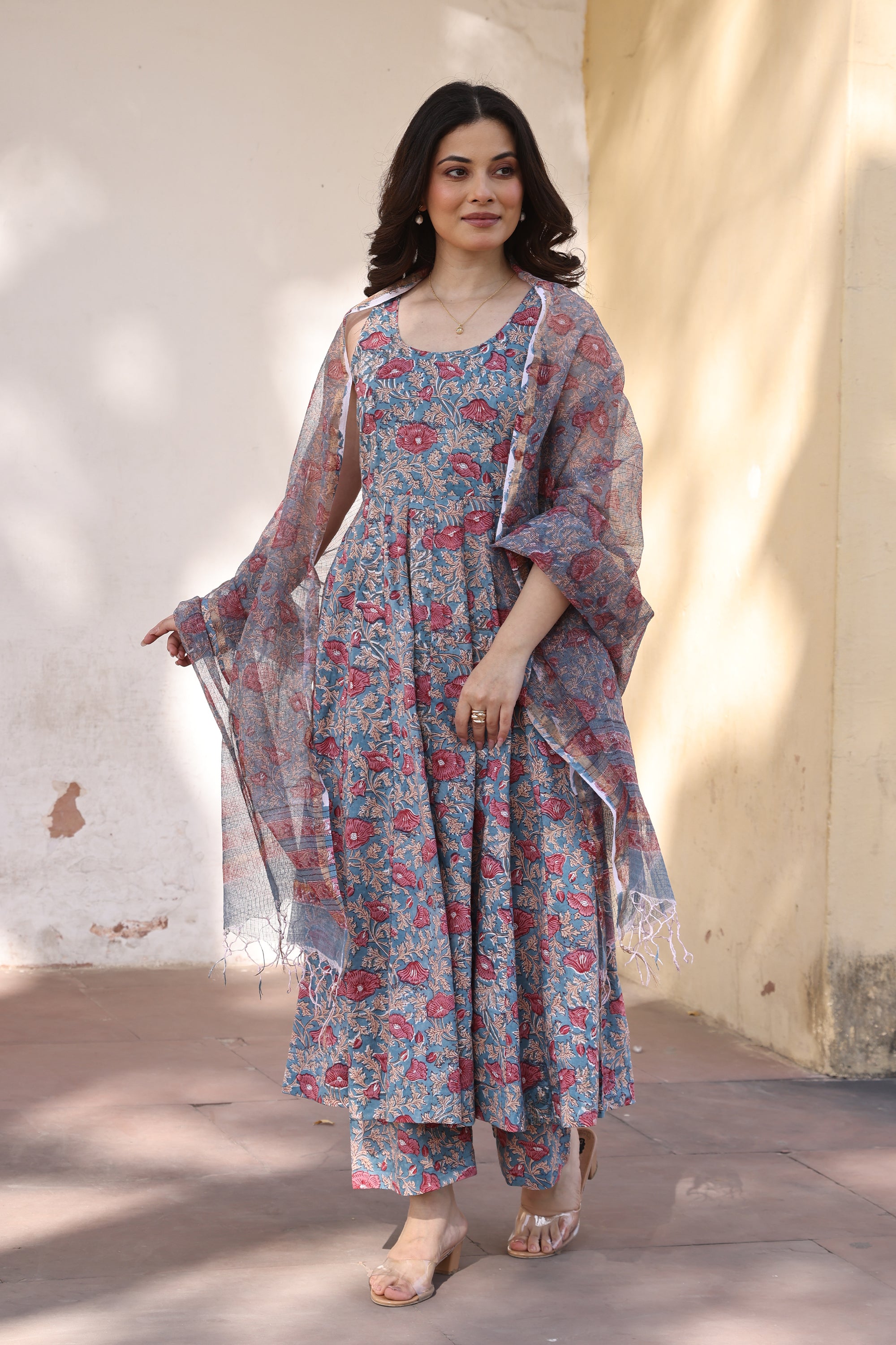 Blue Red Jaali Petals Anarkali Suit Set