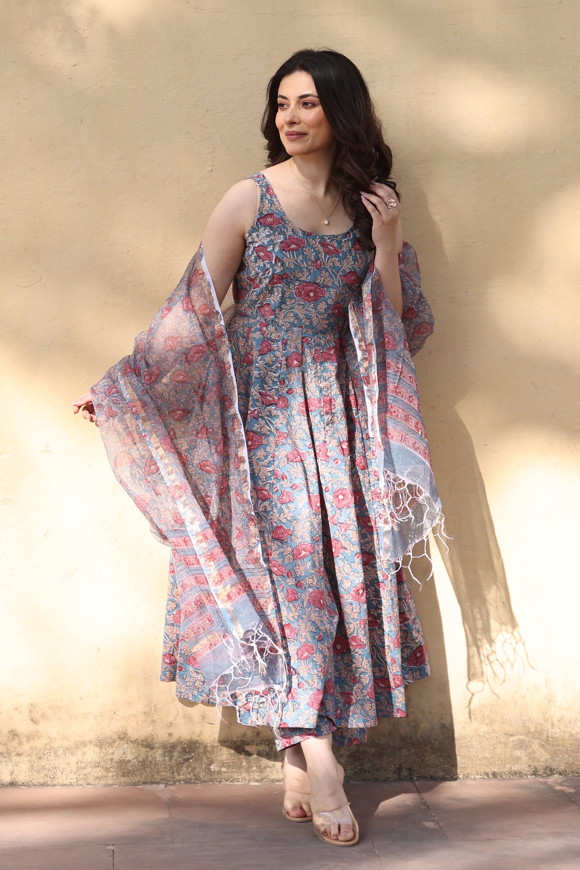 Blue Red Jaali Petals Anarkali Suit Set