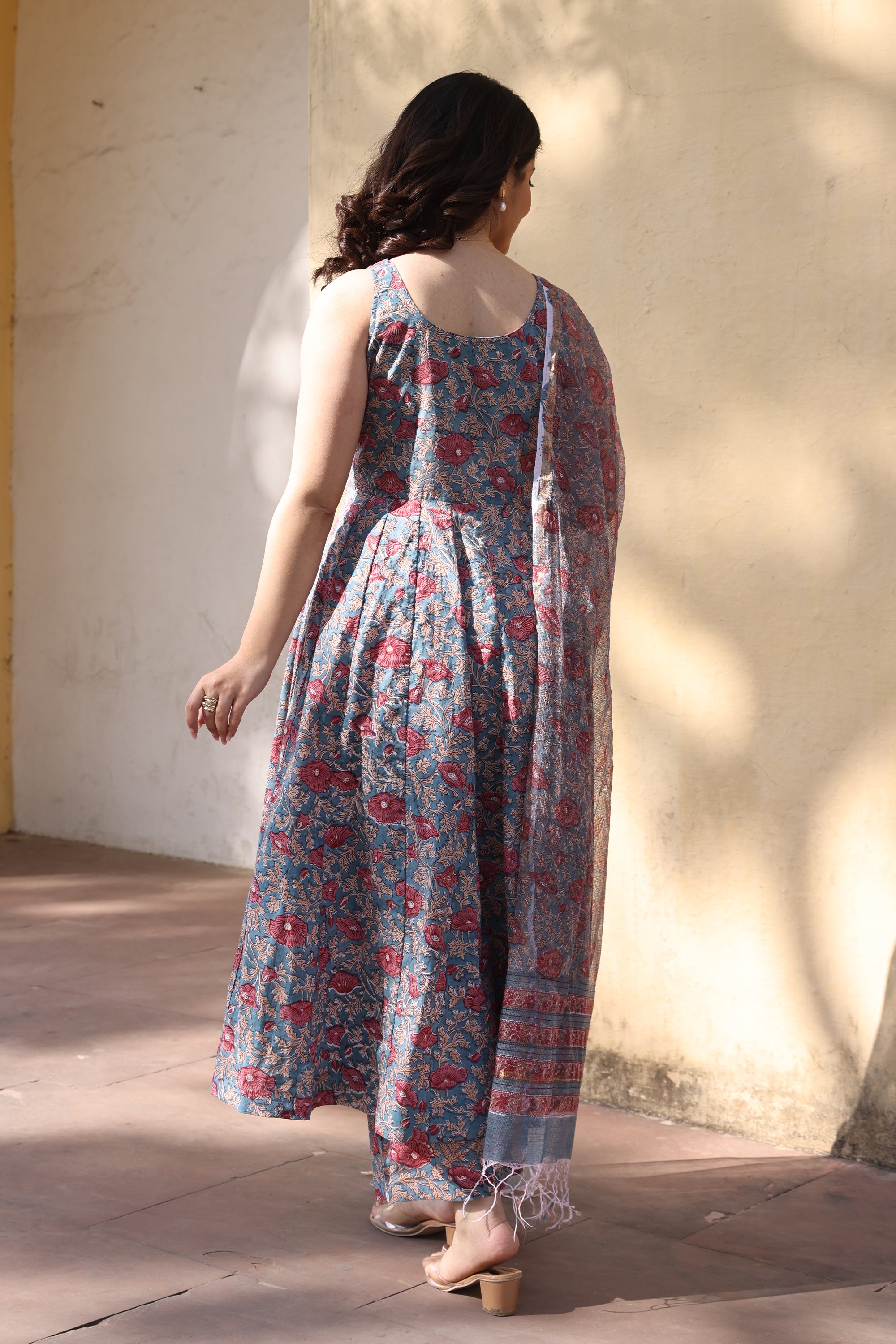 Blue Red Jaali Petals Anarkali Suit Set