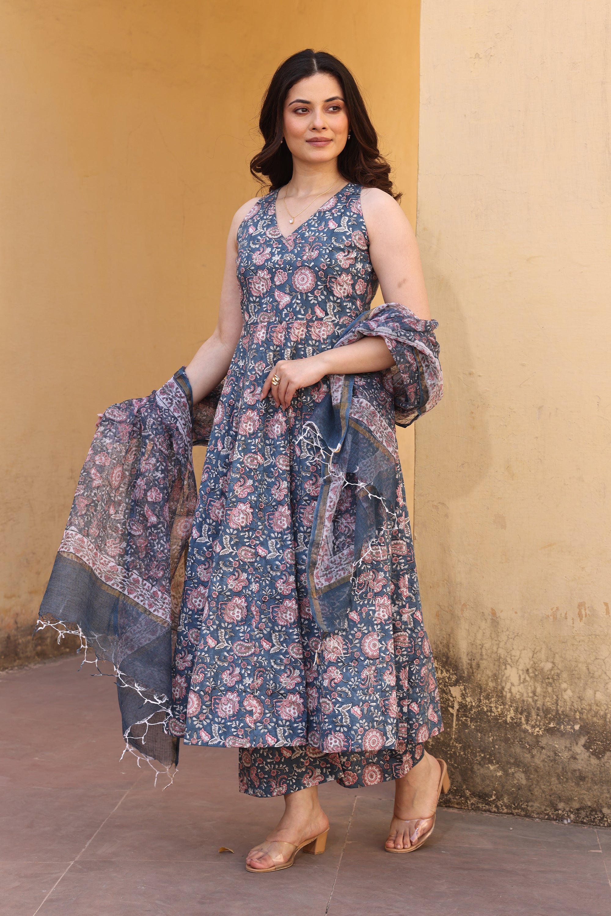 Blue Pink Jaali Petals Anarkali Suit Set