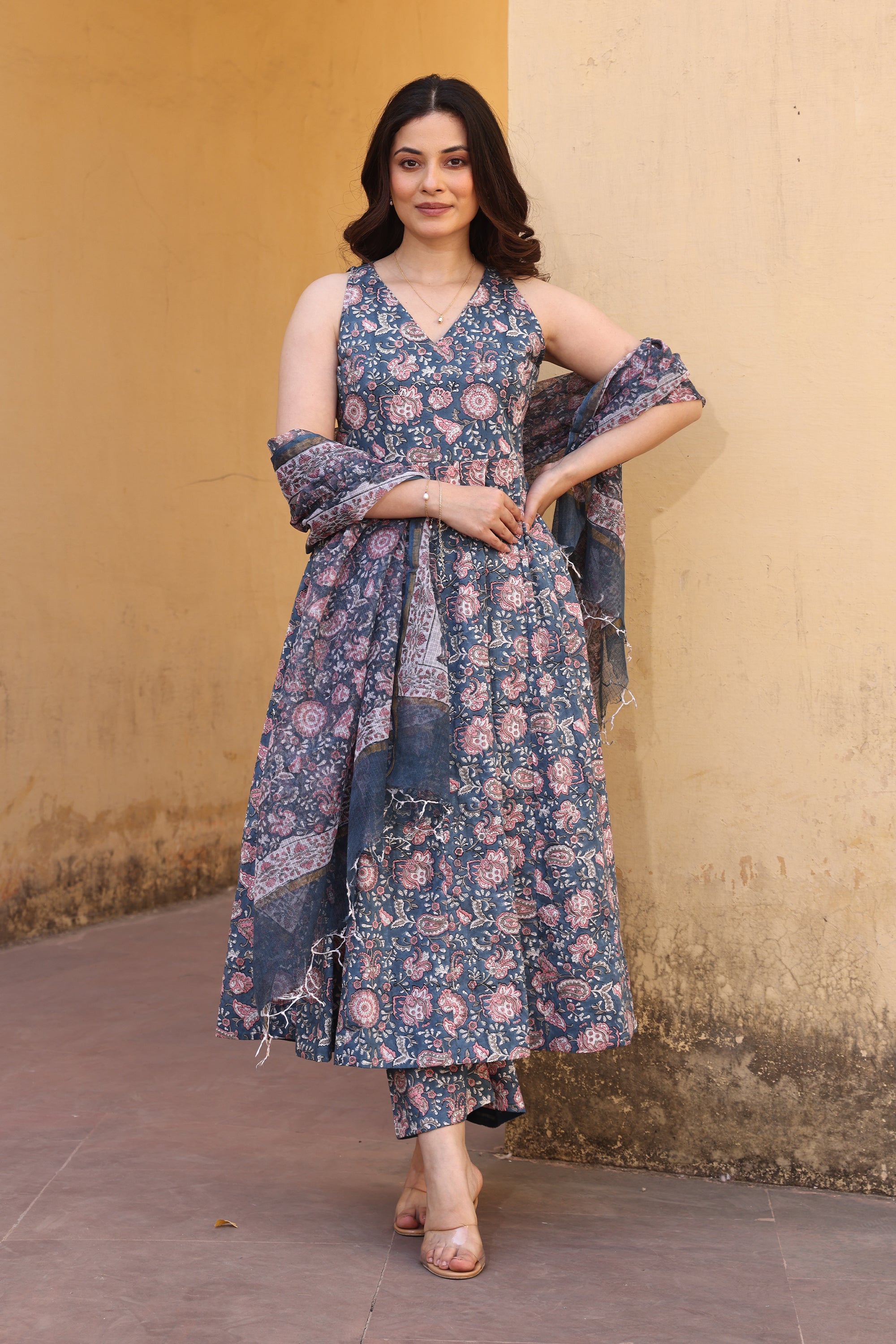 Blue Pink Jaali Petals Anarkali Suit Set