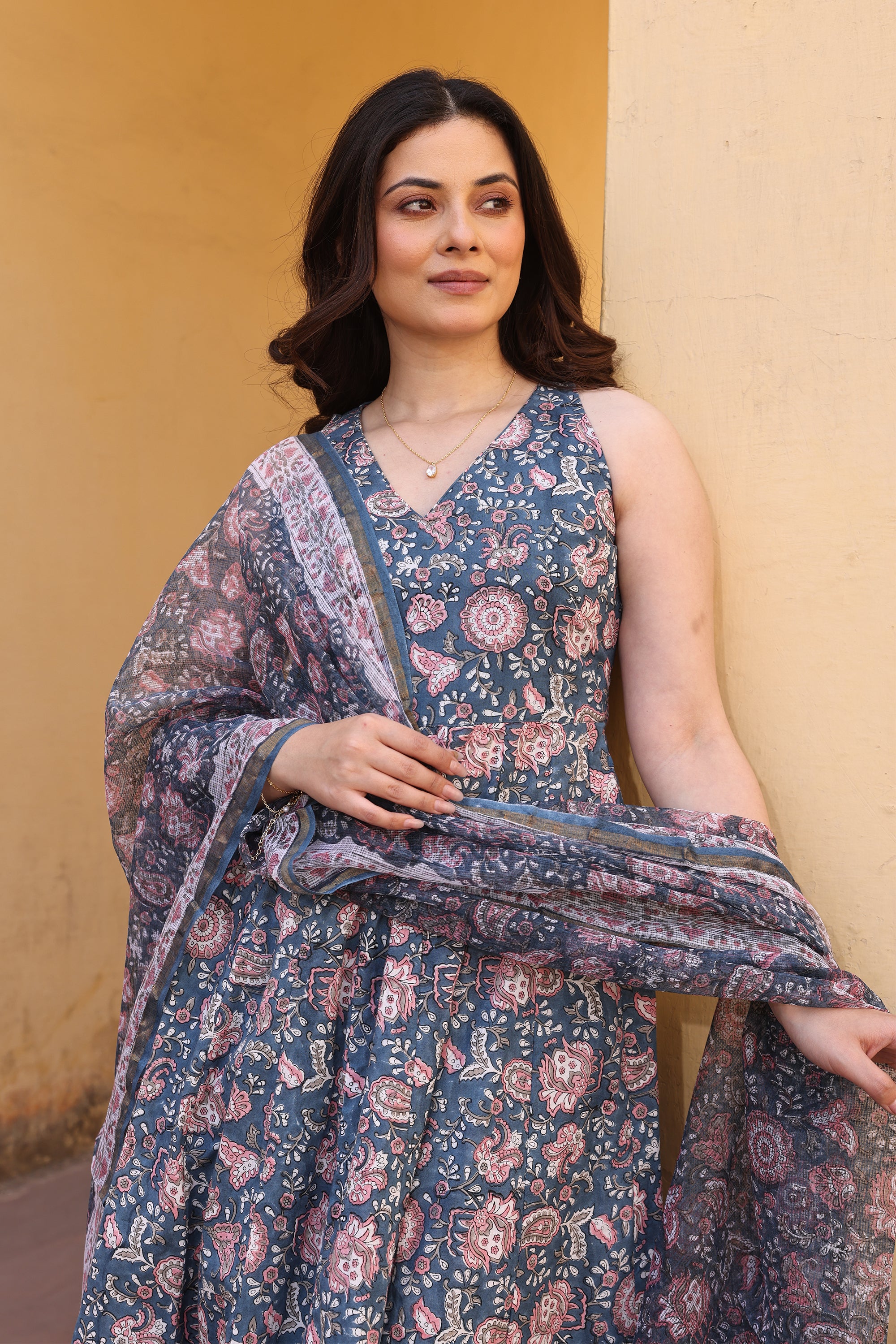 Blue Pink Jaali Petals Anarkali Suit Set