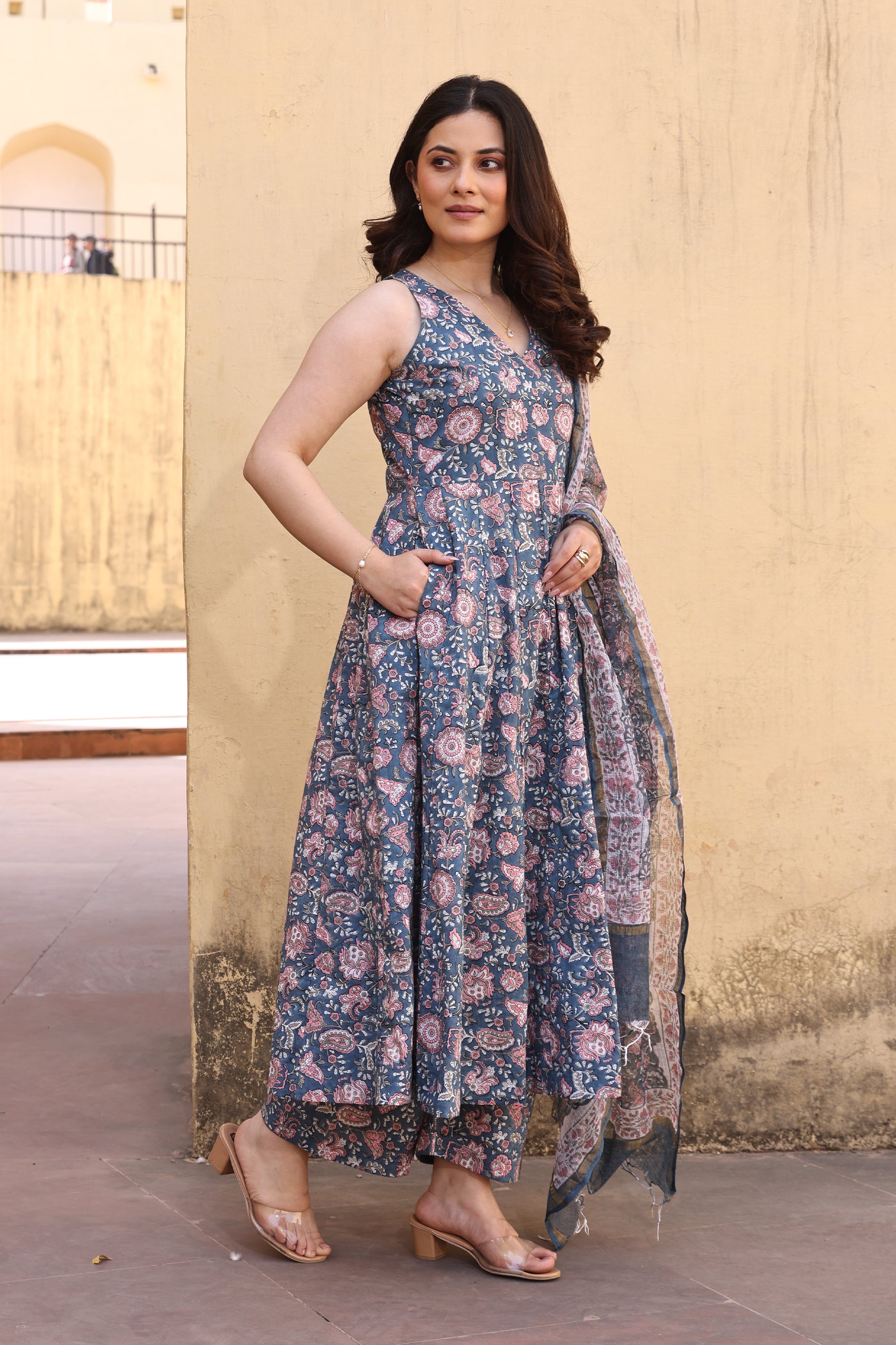 Blue Pink Jaali Petals Anarkali Suit Set