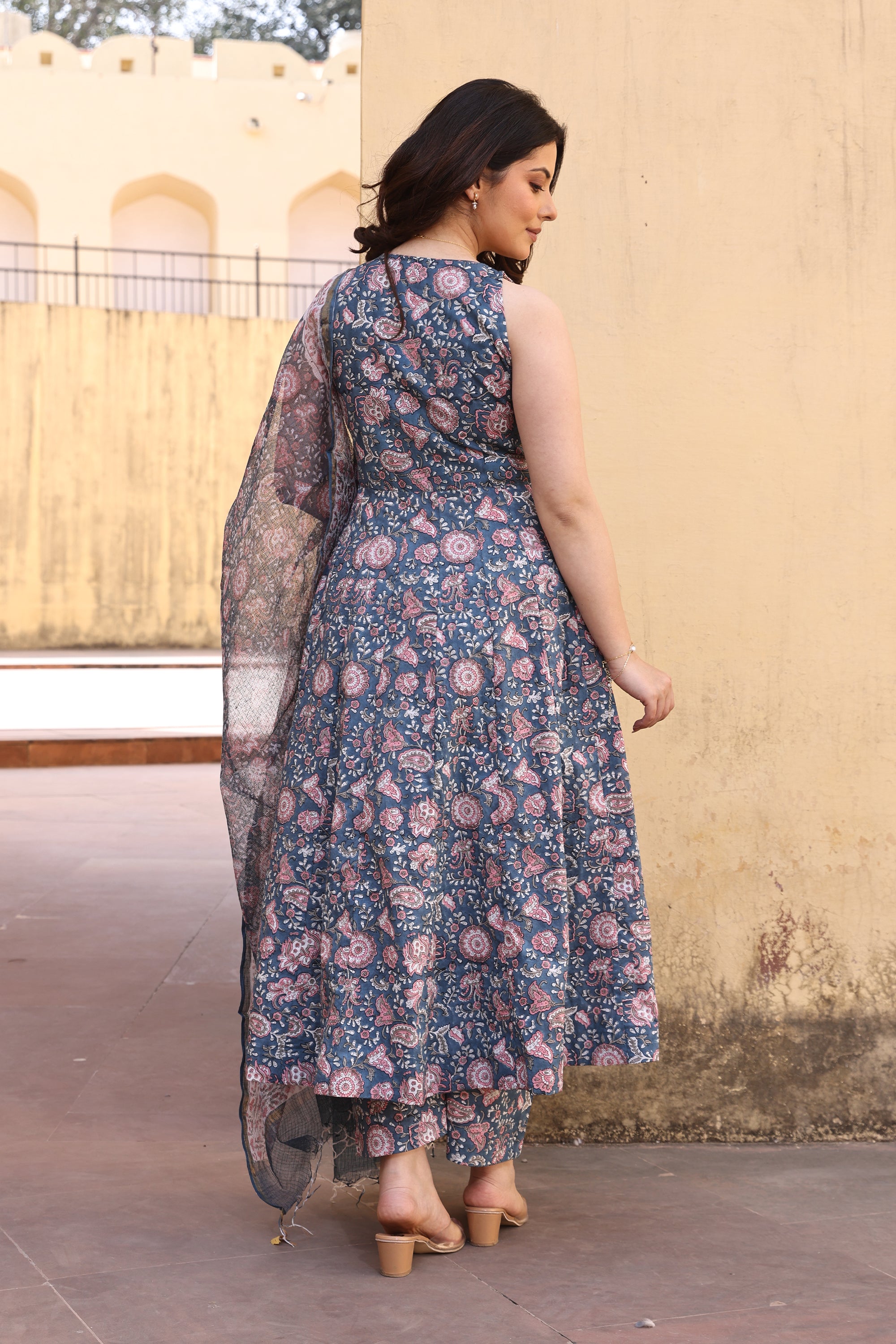 Blue Pink Jaali Petals Anarkali Suit Set