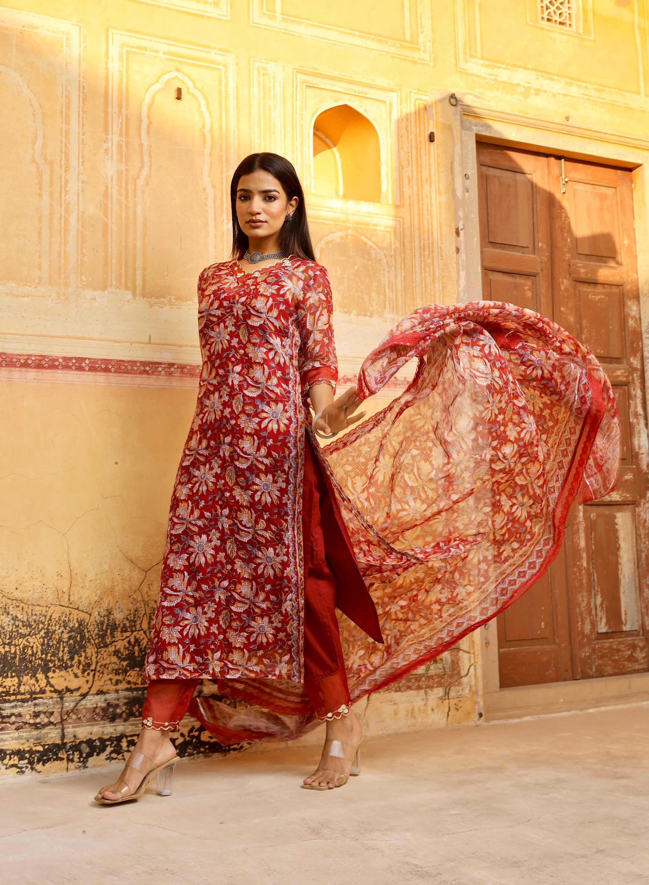 Kota Doriya red handblock print kurta set Asrumo