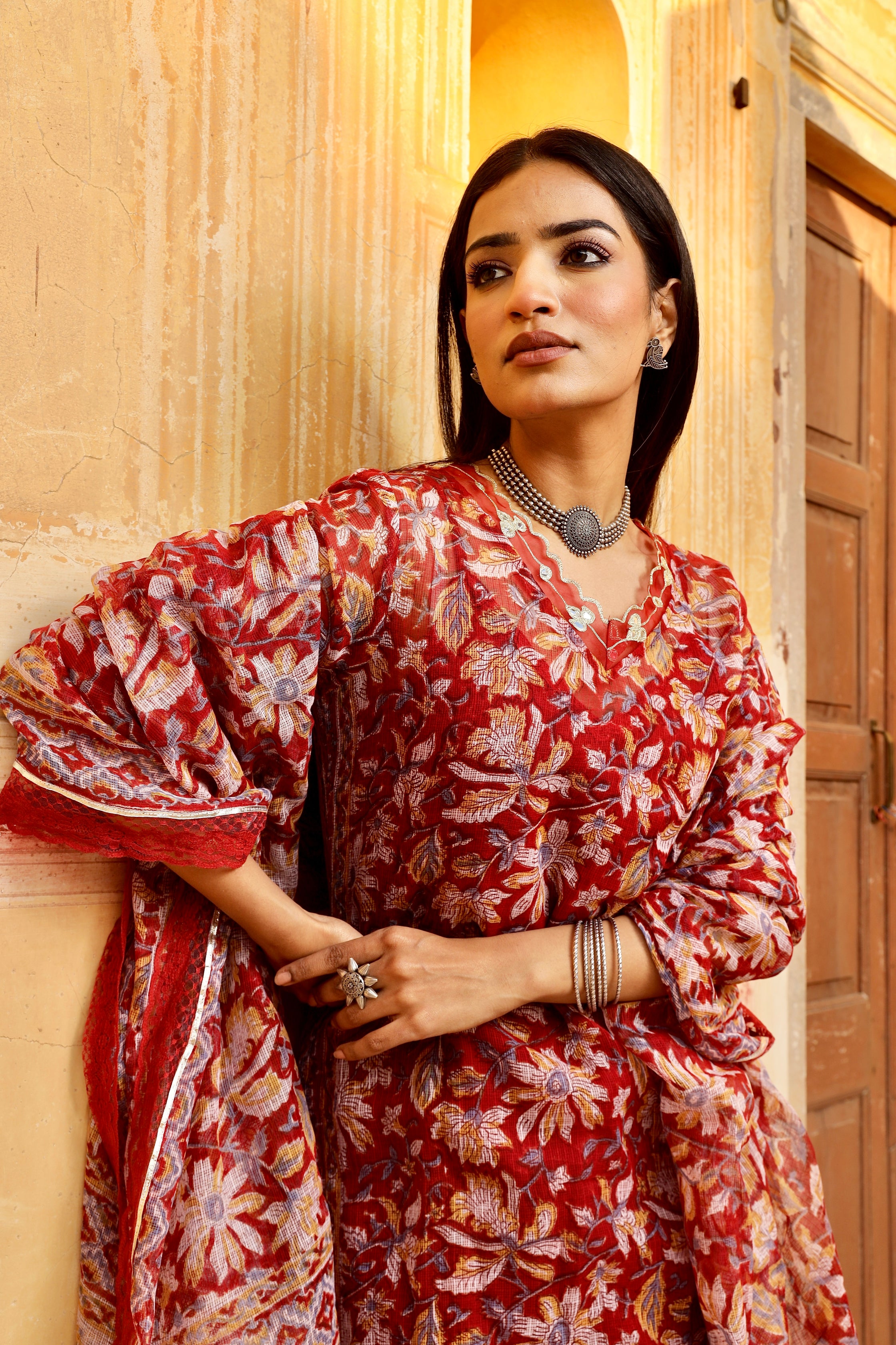 Kota Doriya red handblock print kurta set Asrumo