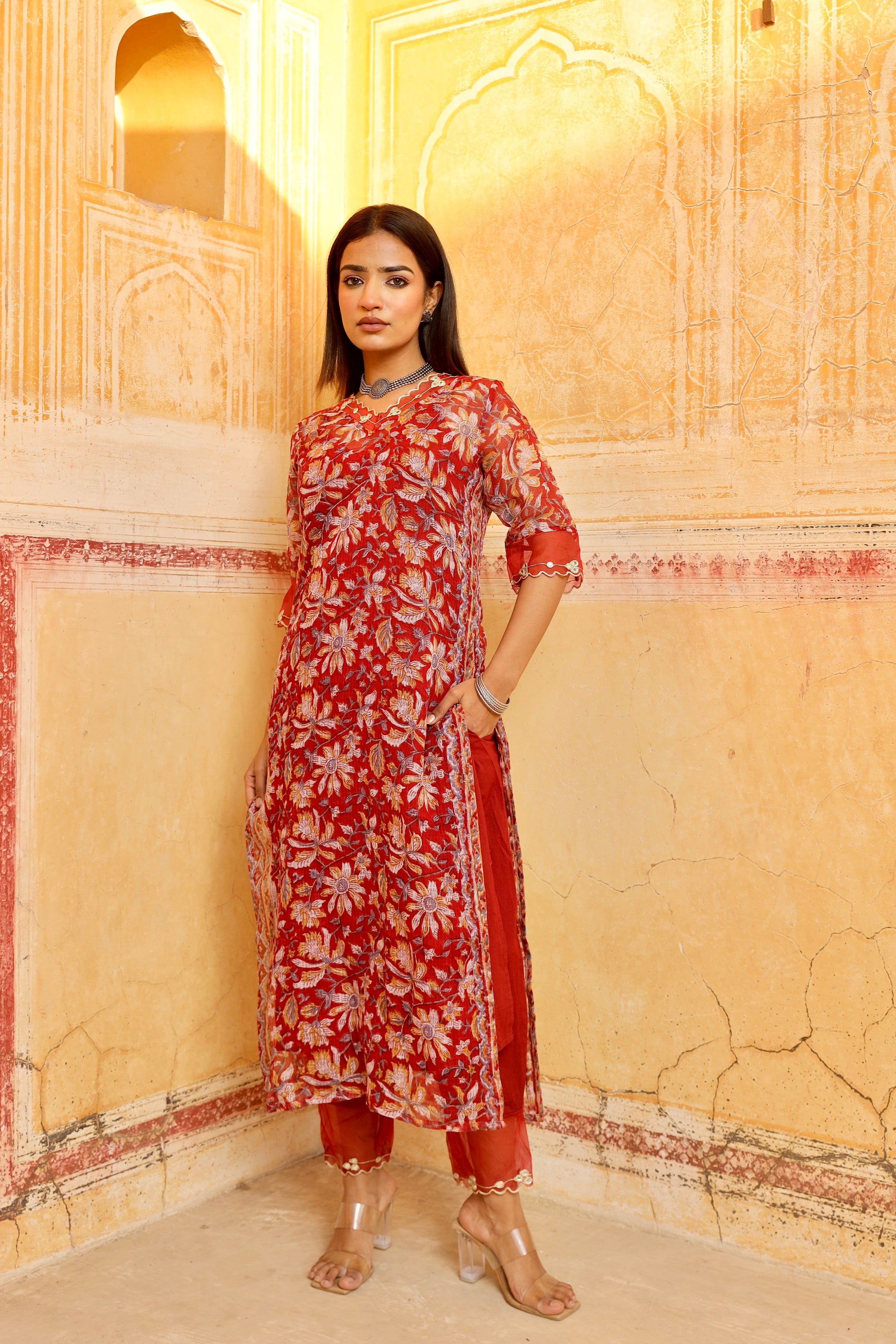 Kota Doriya red handblock print kurta set Asrumo