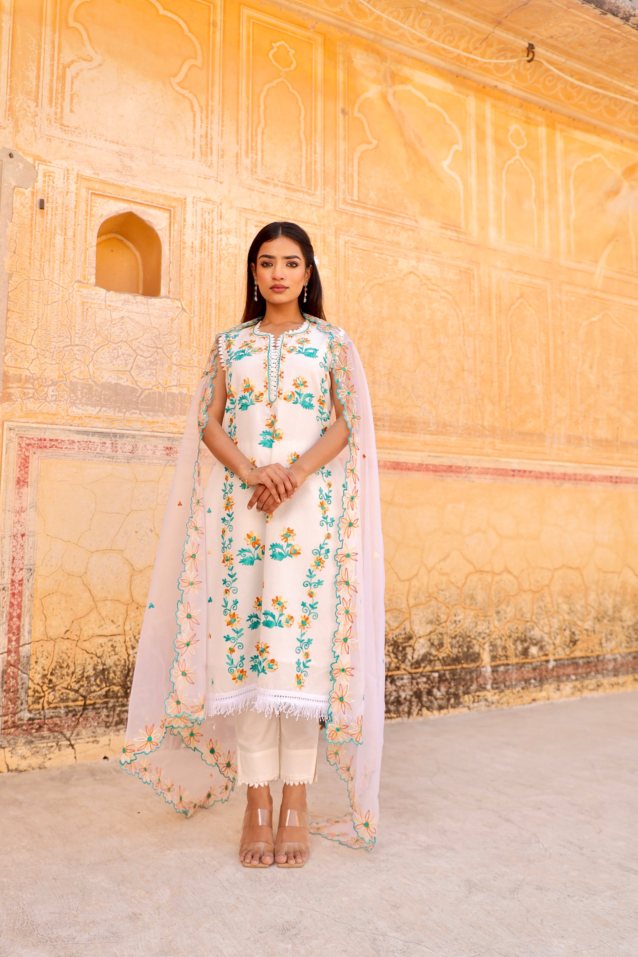 white flower aari embroidery cotton straight set Asrumo