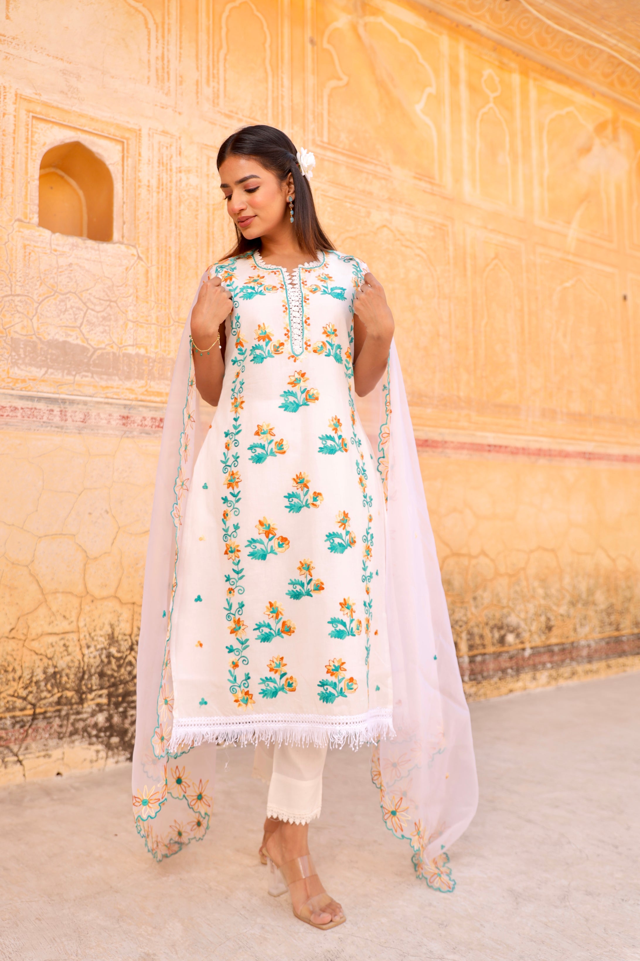 white flower aari embroidery cotton straight set Asrumo