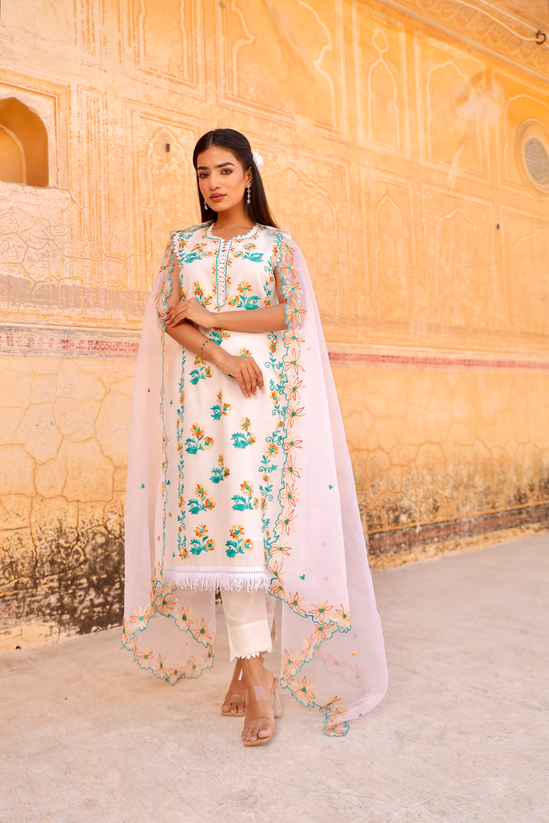 white flower aari embroidery cotton straight set Asrumo