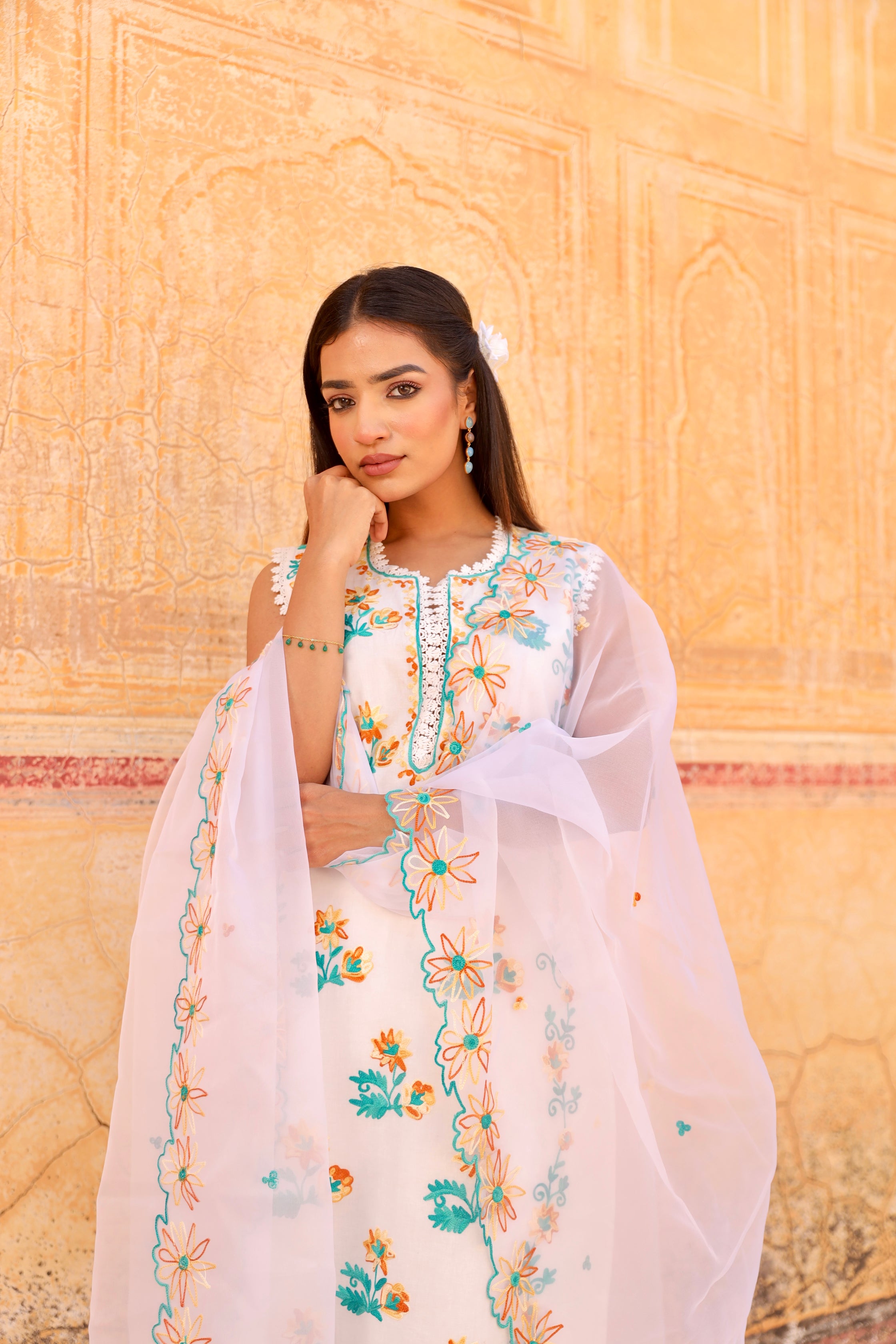 white flower aari embroidery cotton straight set Asrumo