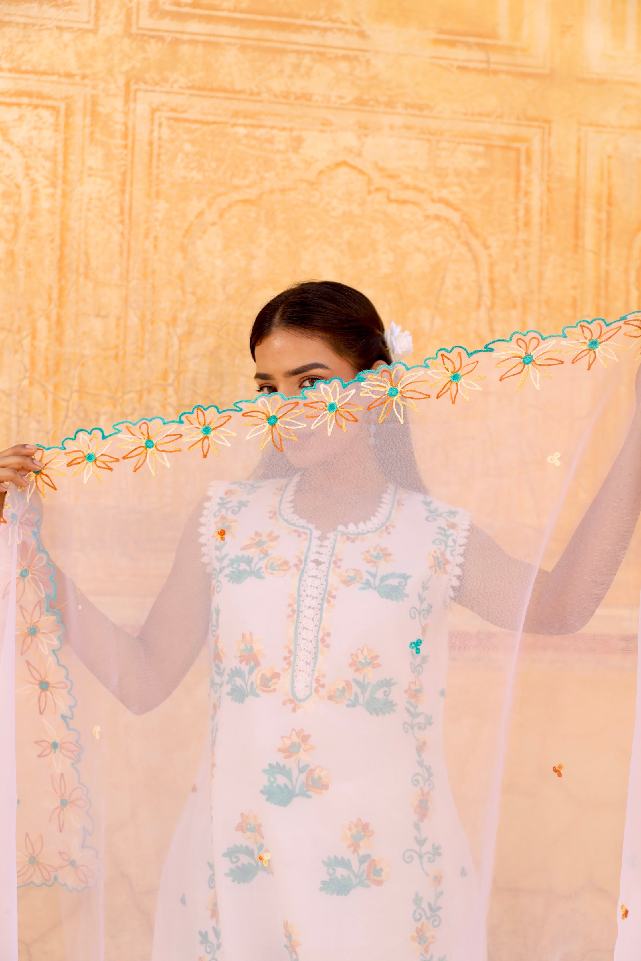 white flower aari embroidery cotton straight set Asrumo