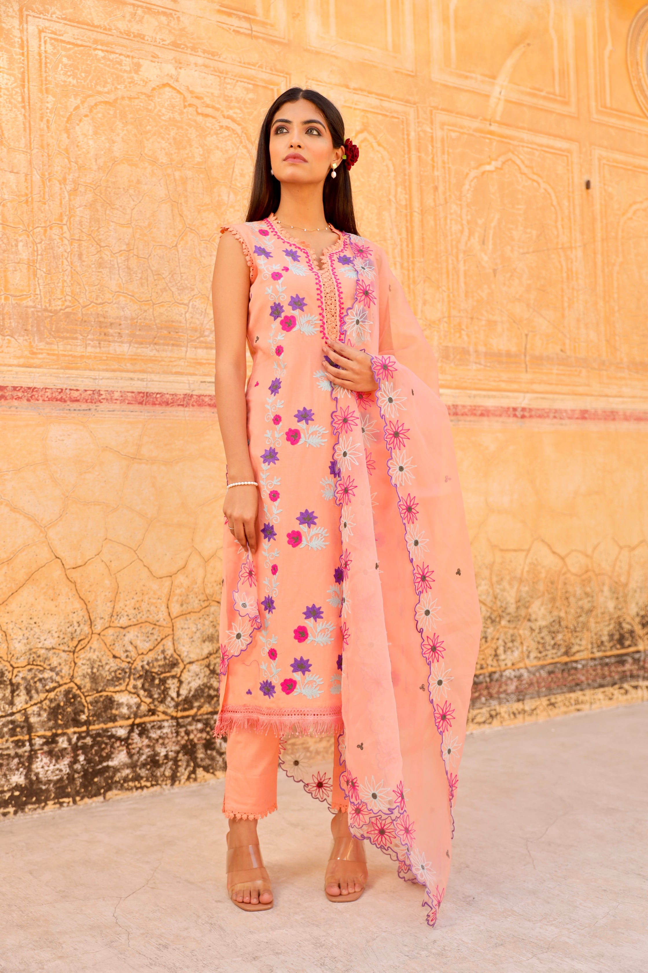 peach flower aari embroidery cotton straight set Asrumo