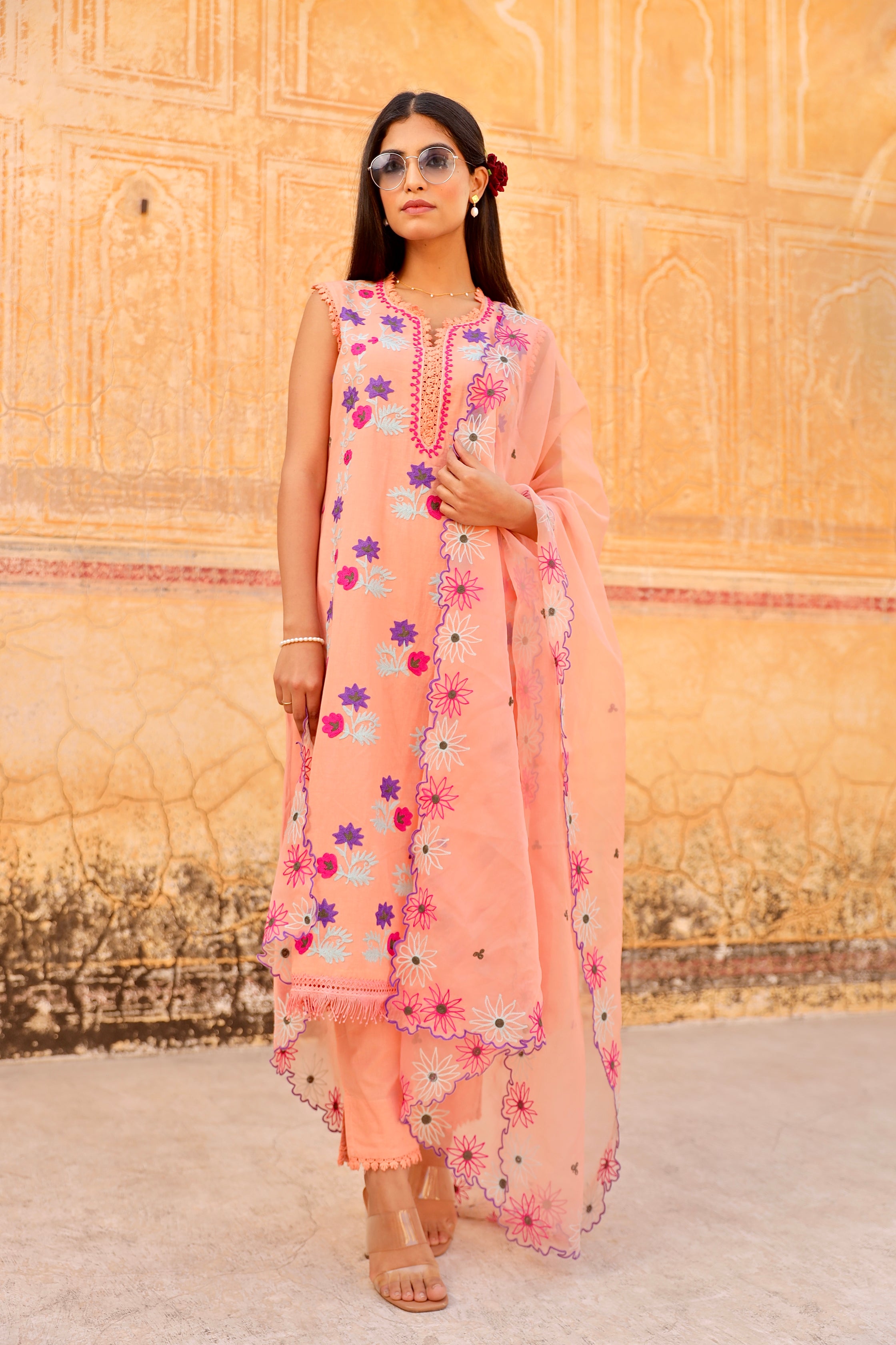 peach flower aari embroidery cotton straight set Asrumo