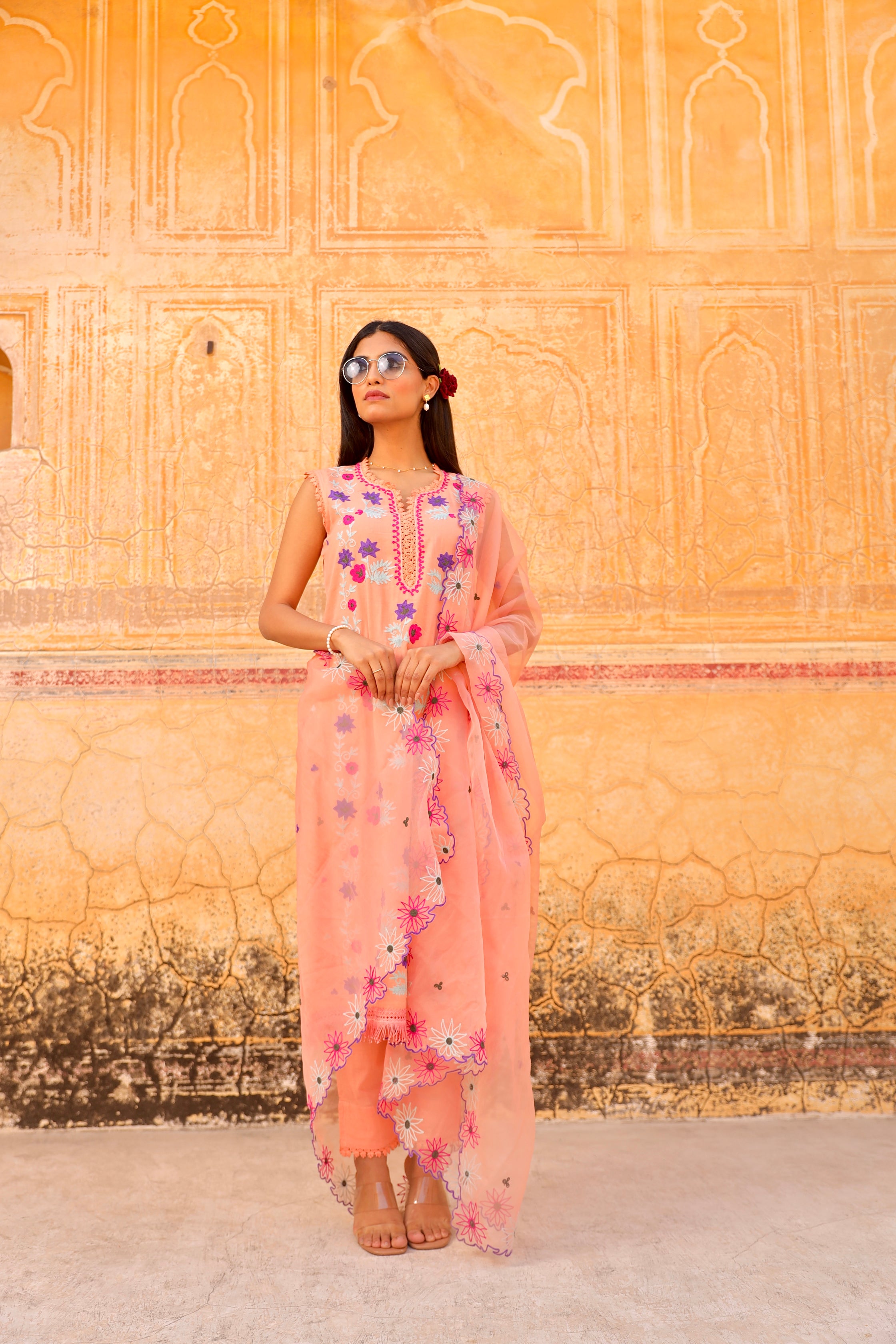 peach flower aari embroidery cotton straight set Asrumo