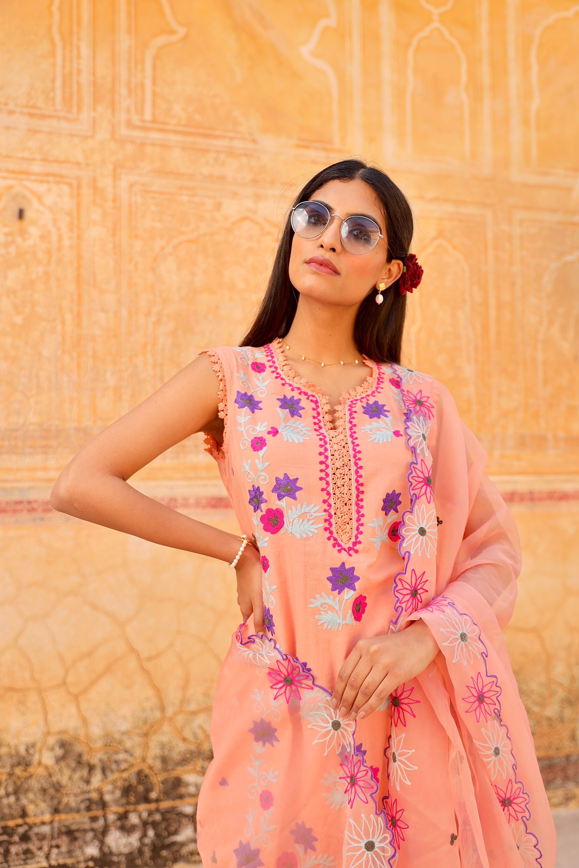 peach flower aari embroidery cotton straight set Asrumo