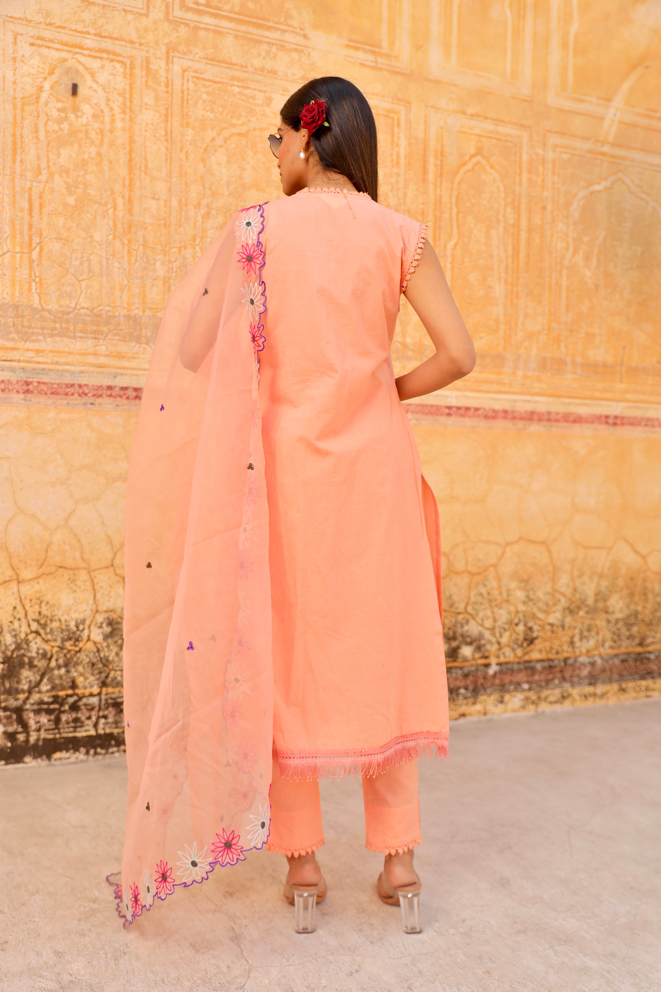 peach flower aari embroidery cotton straight set Asrumo