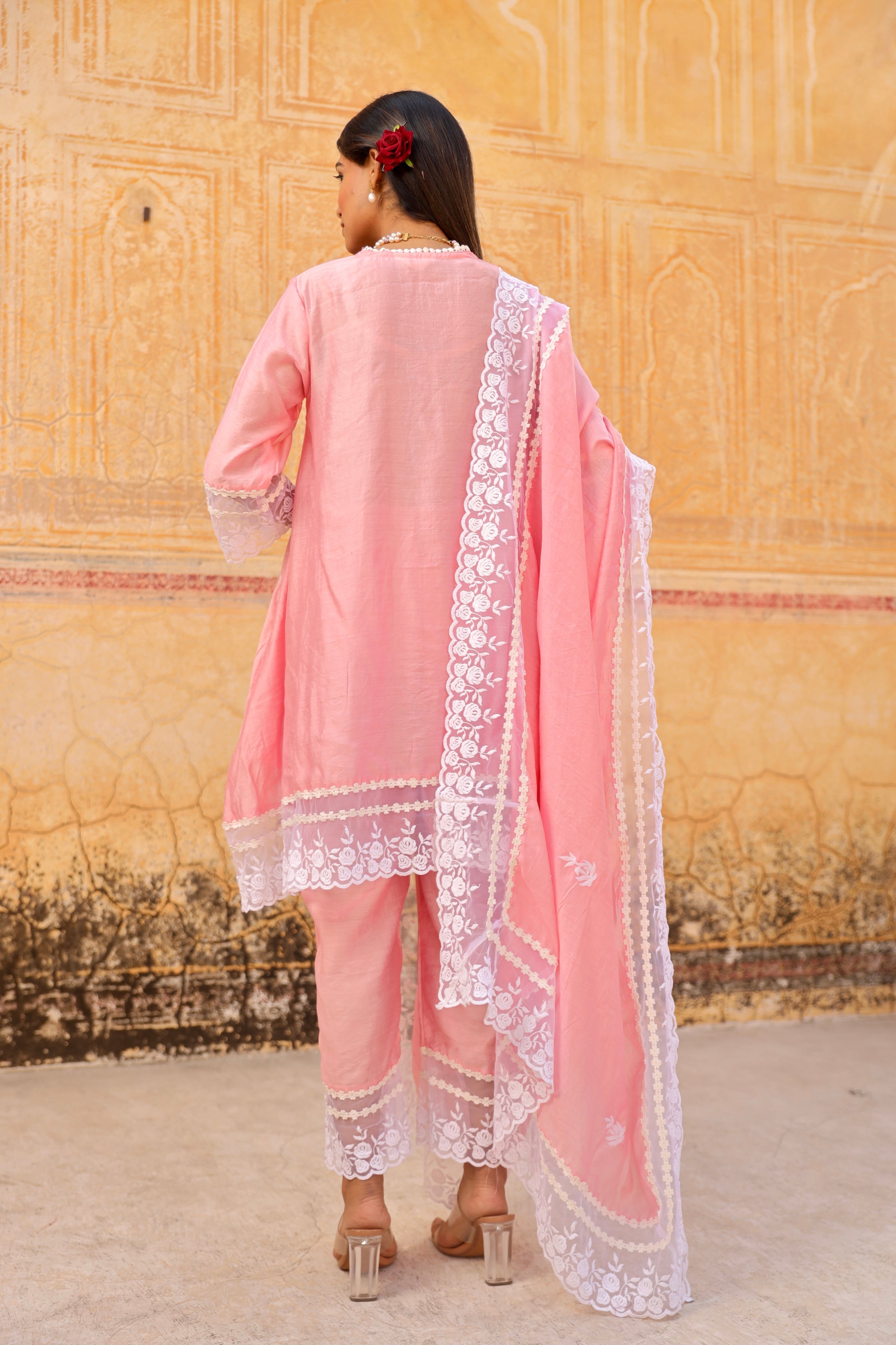 Pink aari embroidery lace detailing A-line set Asrumo