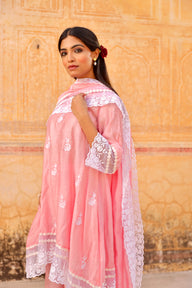 Pink aari embroidery lace detailing A-line set