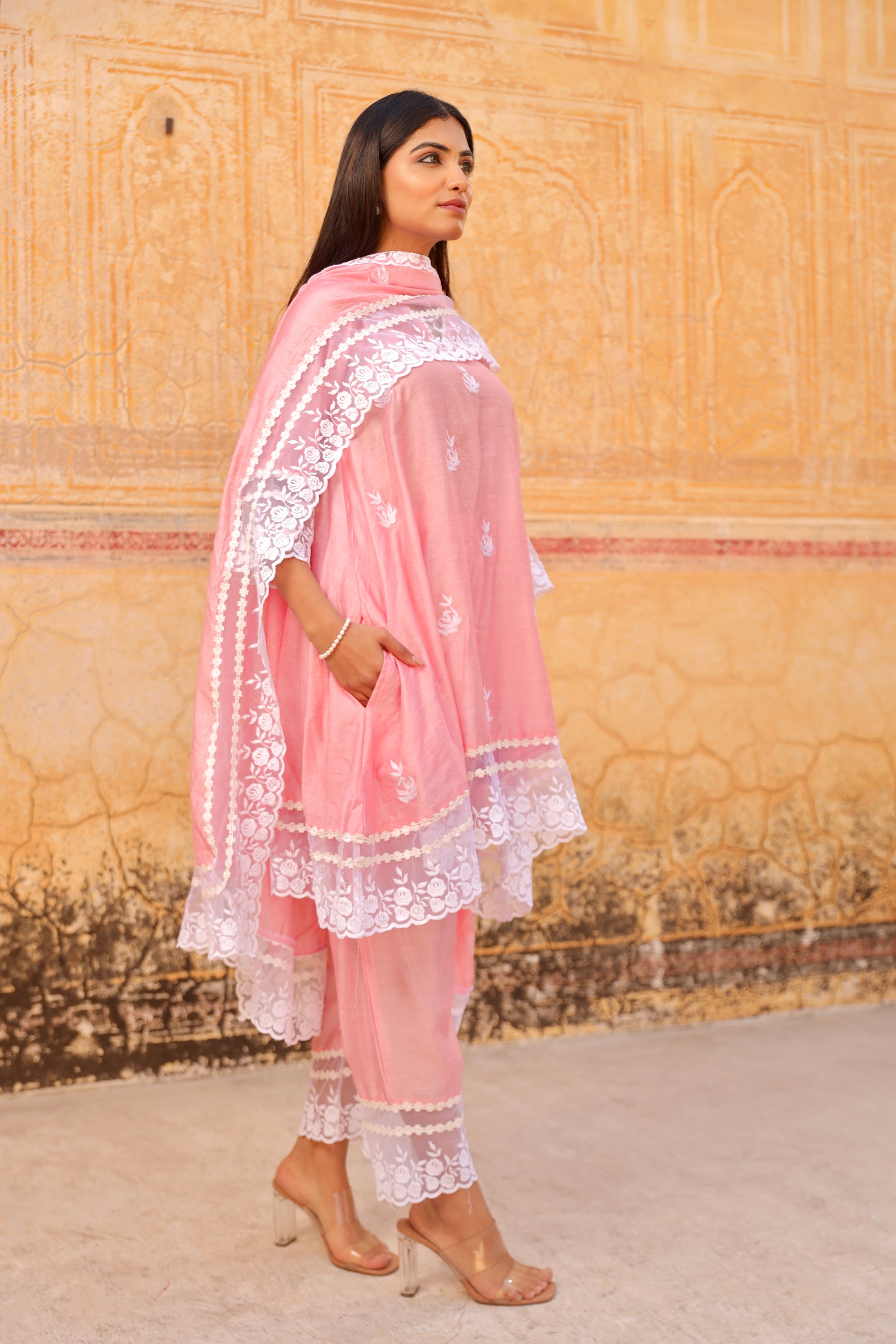 Pink aari embroidery lace detailing A-line set Asrumo