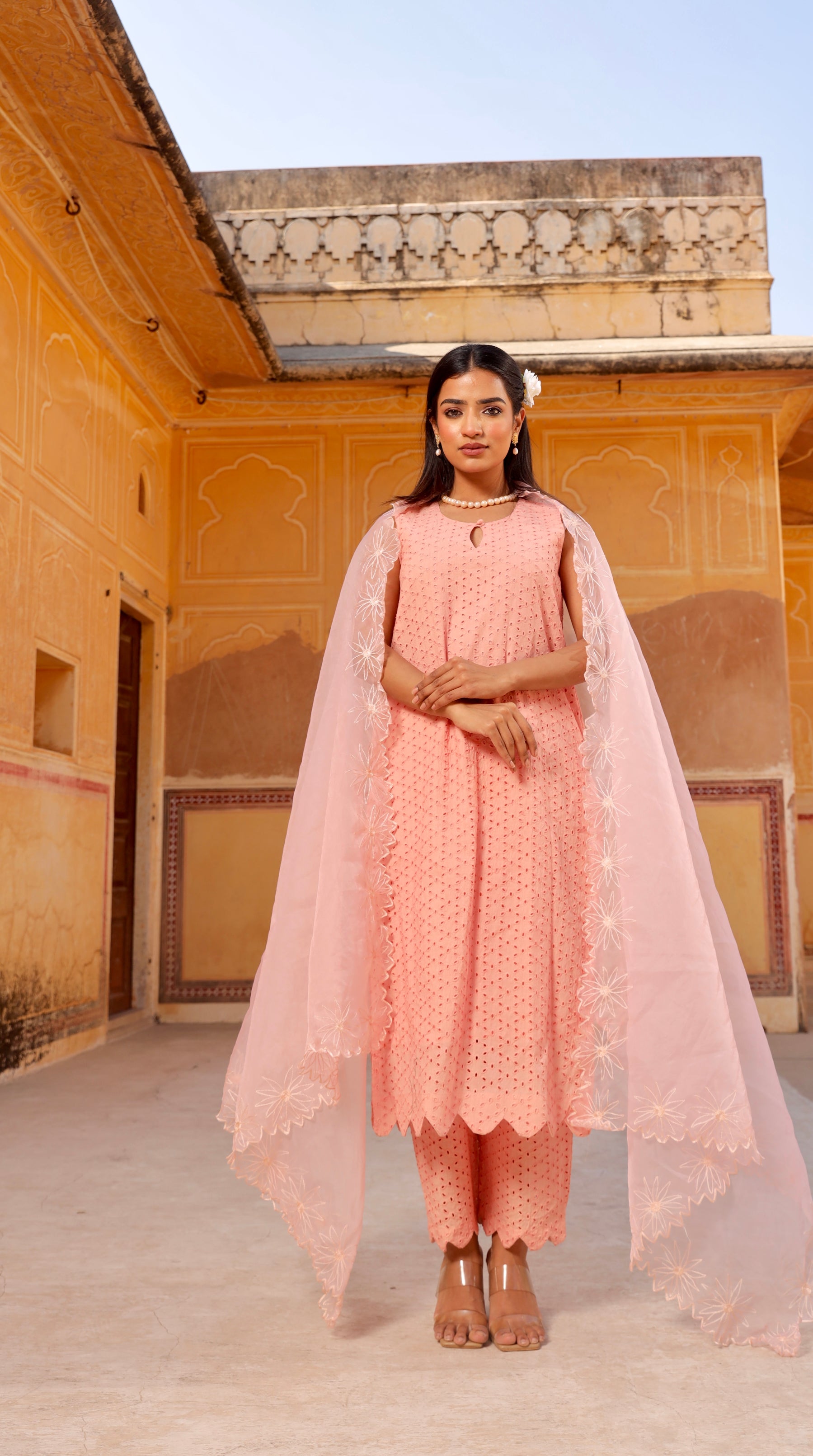 Peach Shiffly chikankari cotton straight set Asrumo