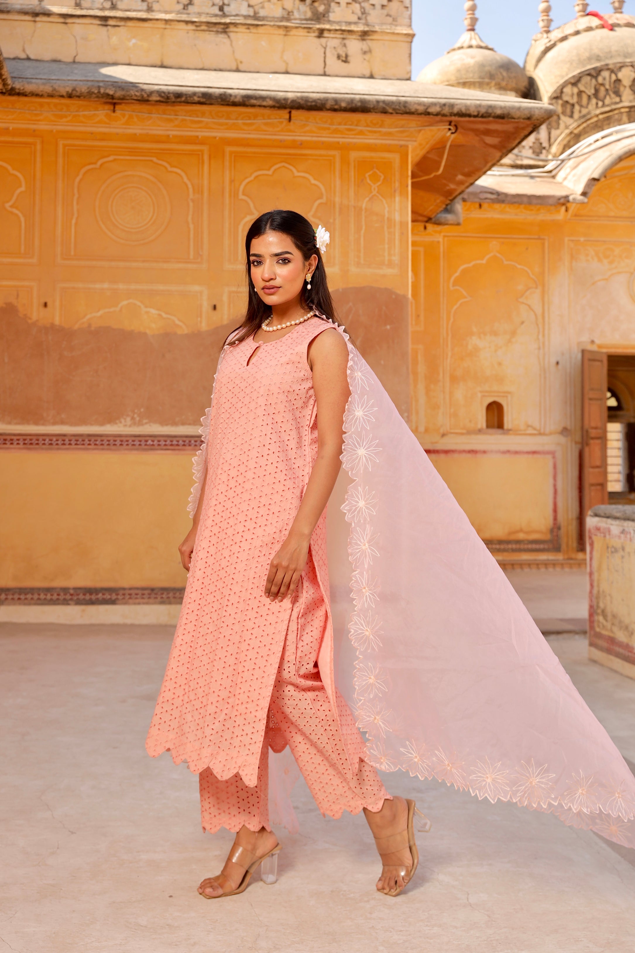 Peach Shiffly chikankari cotton straight set Asrumo