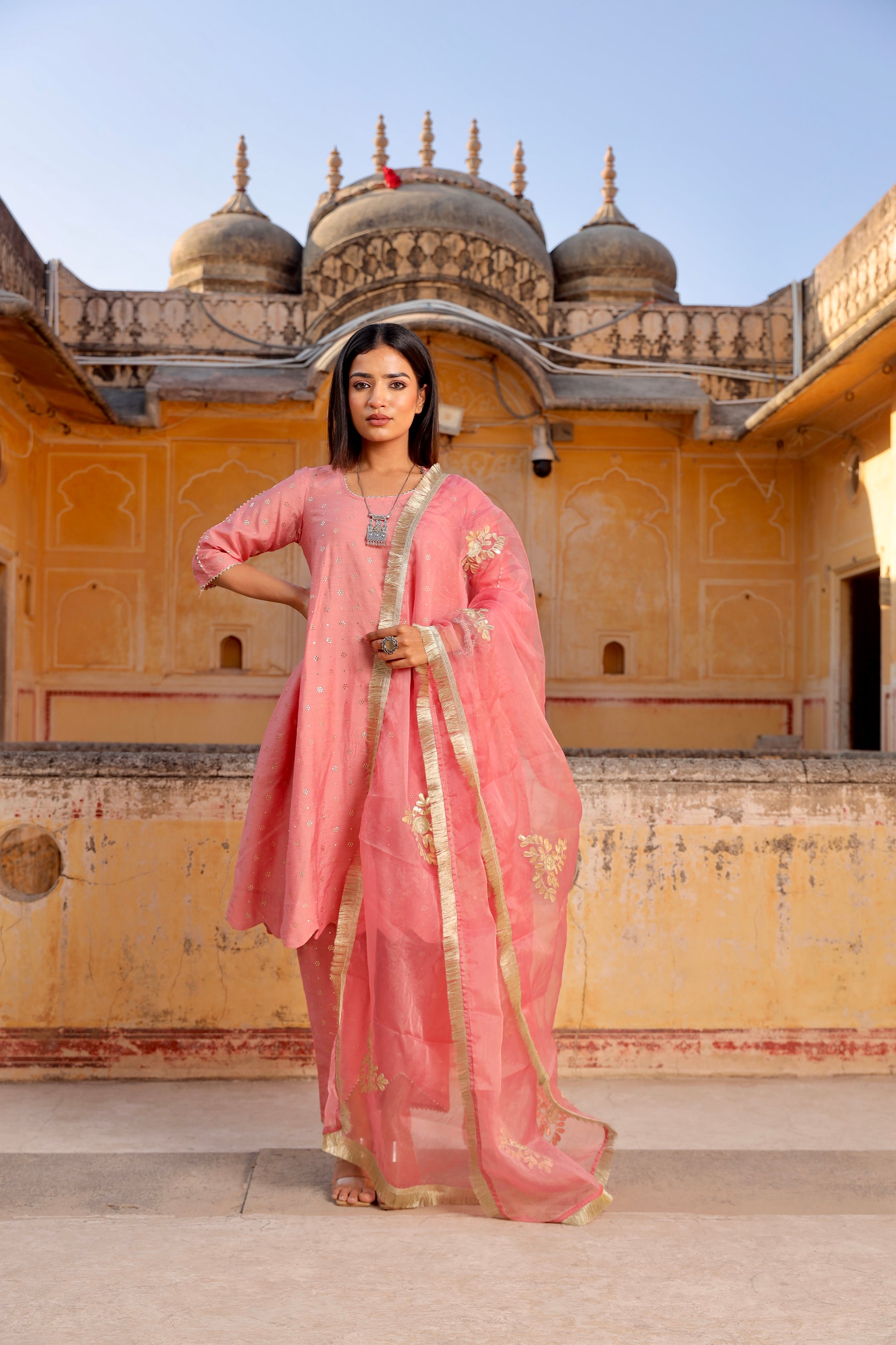 pink Mukaish work chanderi scalloped kurta set Asrumo