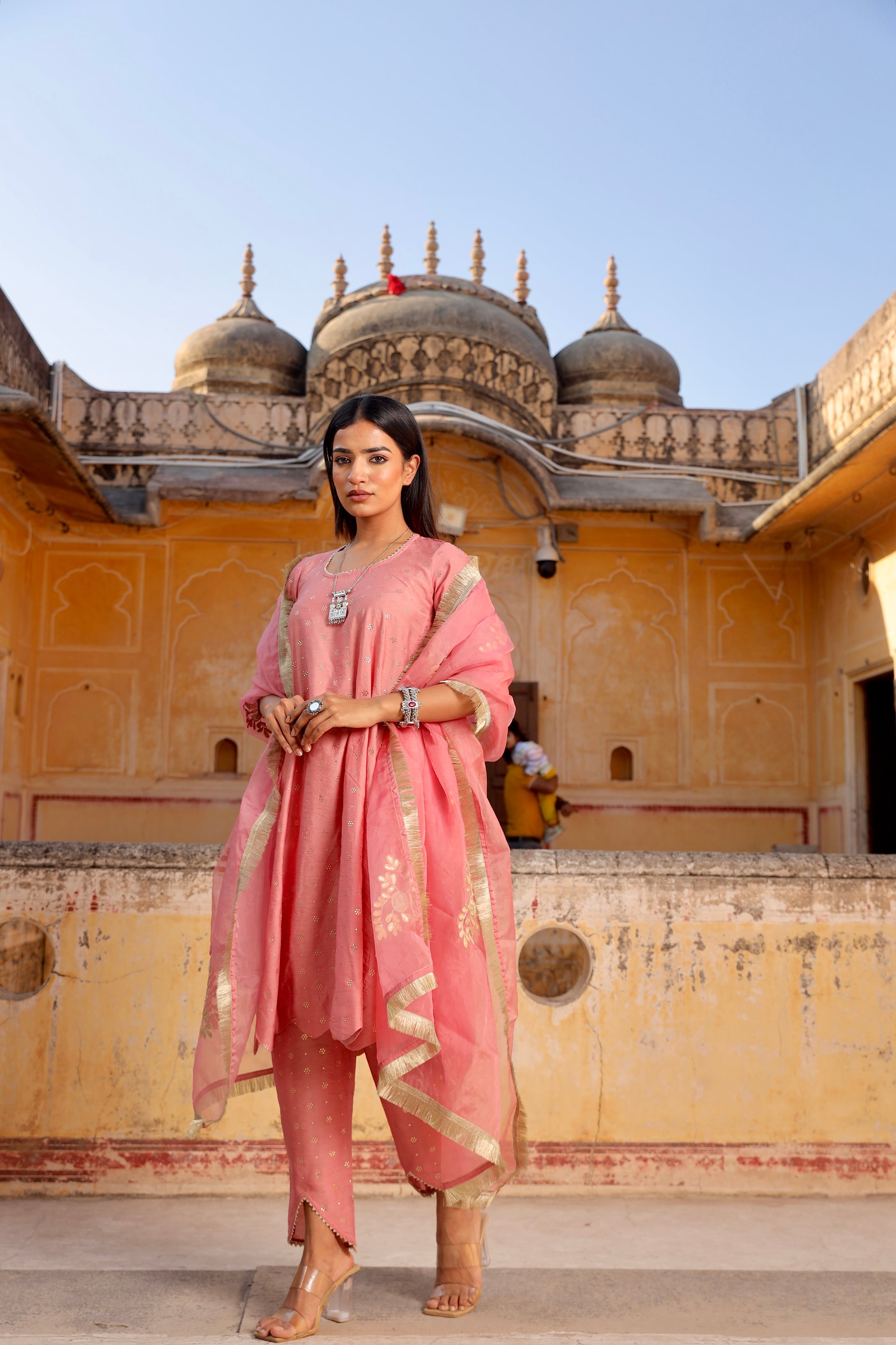pink Mukaish work chanderi scalloped kurta set Asrumo