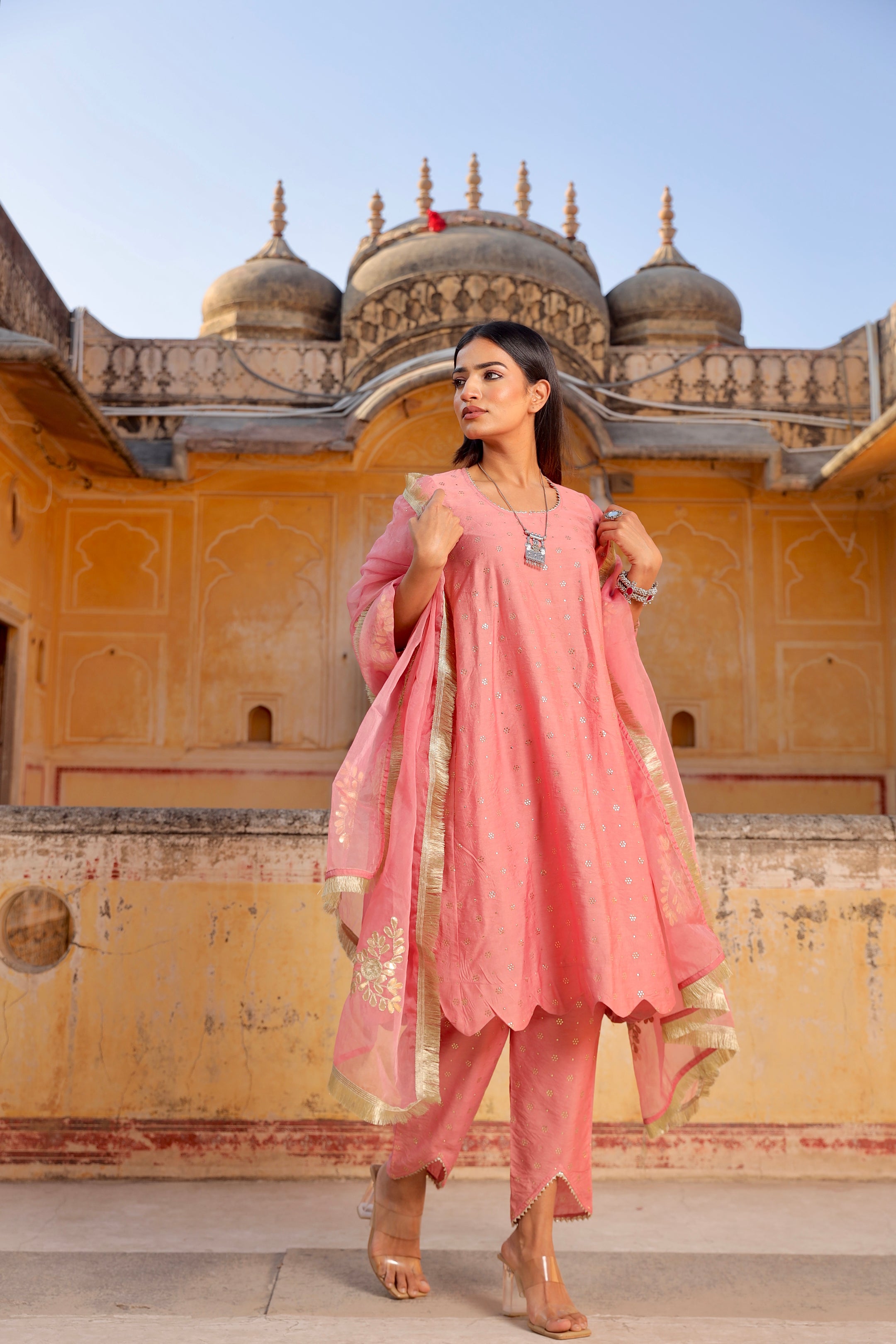 pink Mukaish work chanderi scalloped kurta set Asrumo