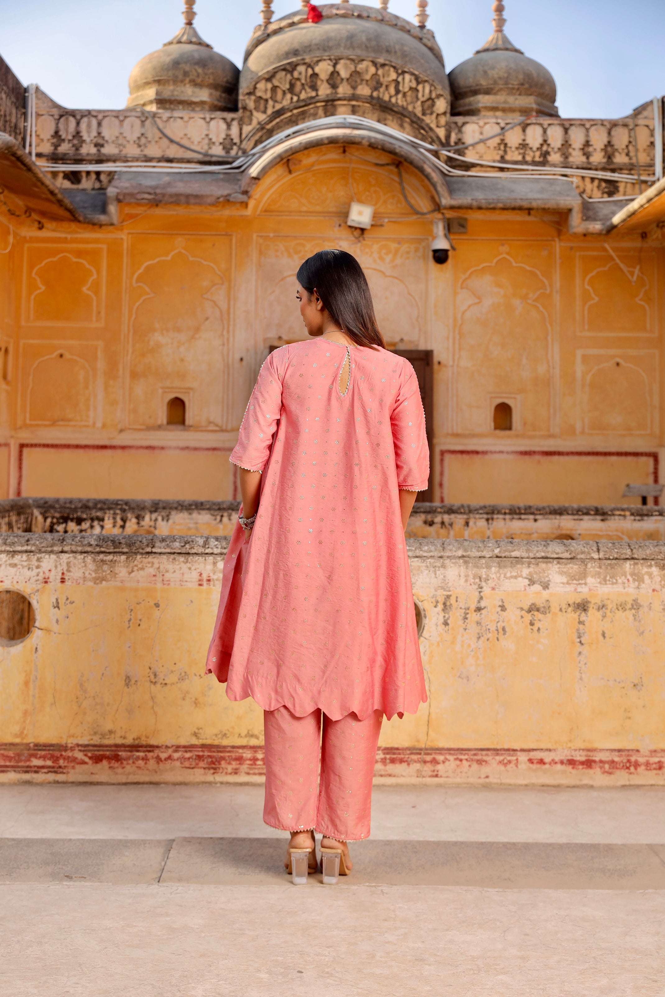 pink Mukaish work chanderi scalloped kurta set Asrumo