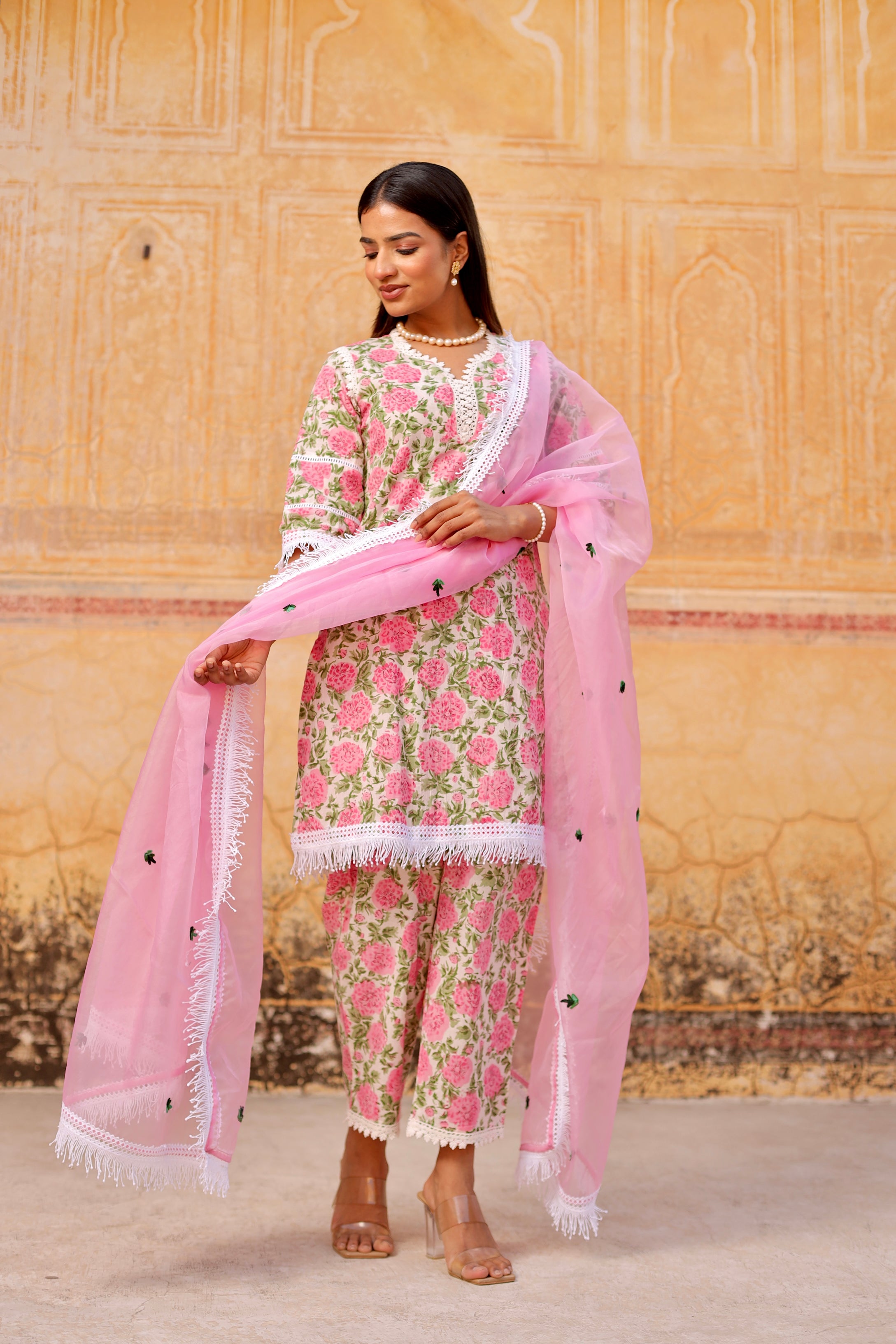 Pink flower handblock cotton straight set Asrumo