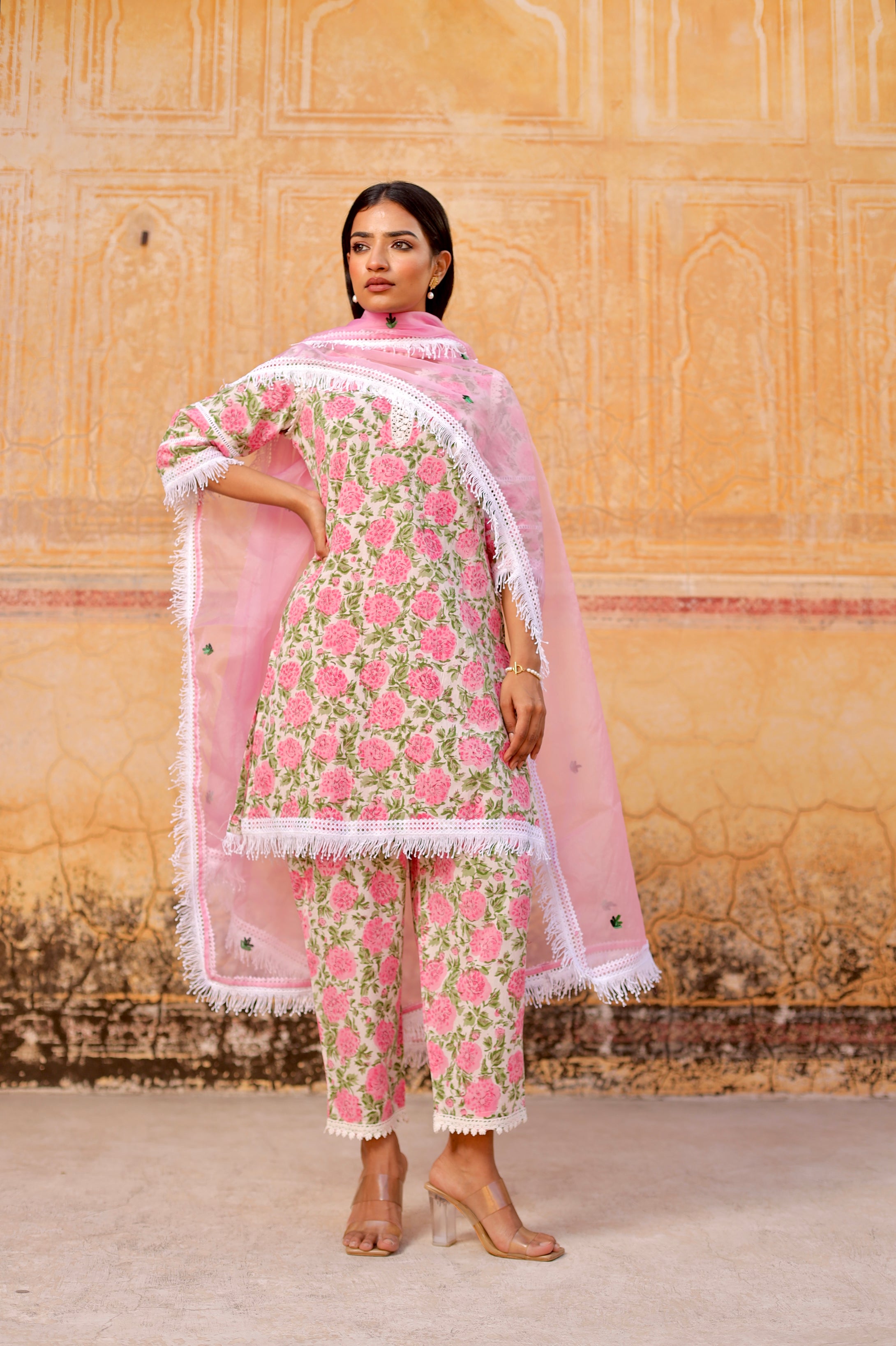 Pink flower handblock cotton straight set Asrumo