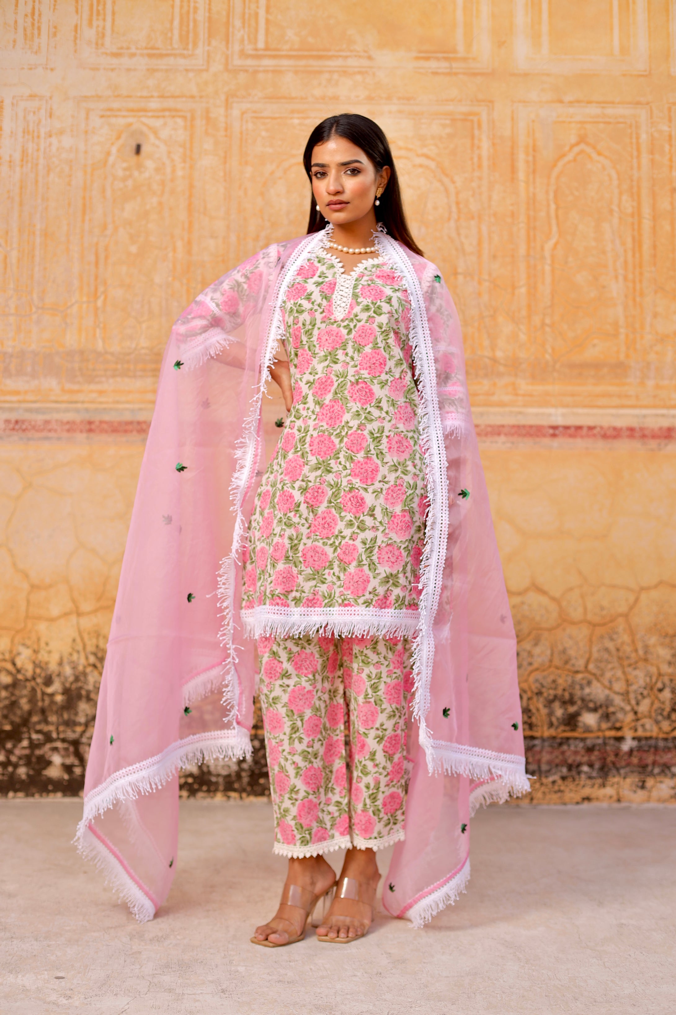 Pink flower handblock cotton straight set Asrumo