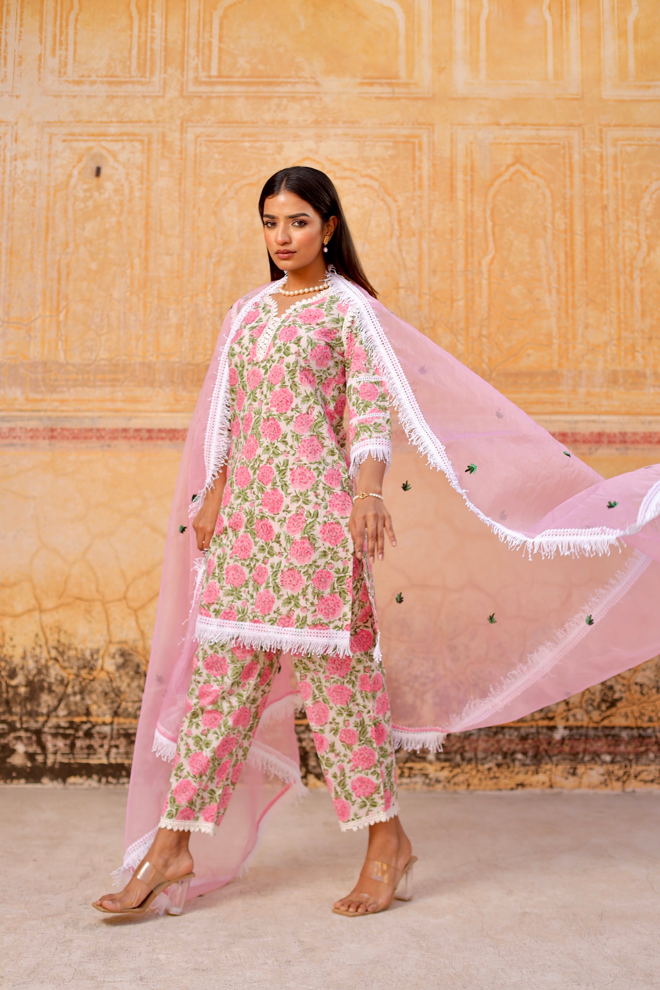 Pink flower handblock cotton straight set Asrumo