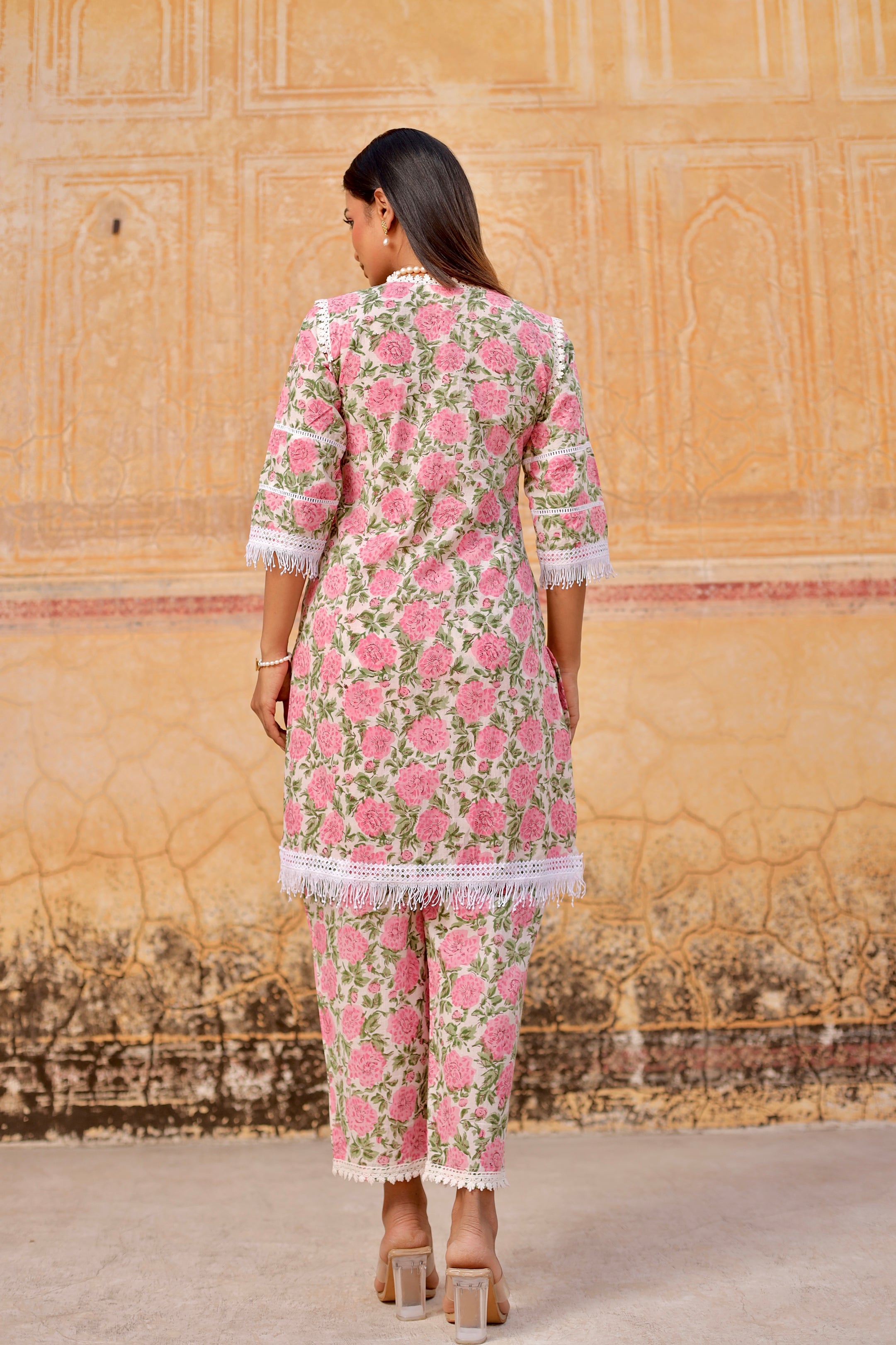 Pink flower handblock cotton straight set Asrumo