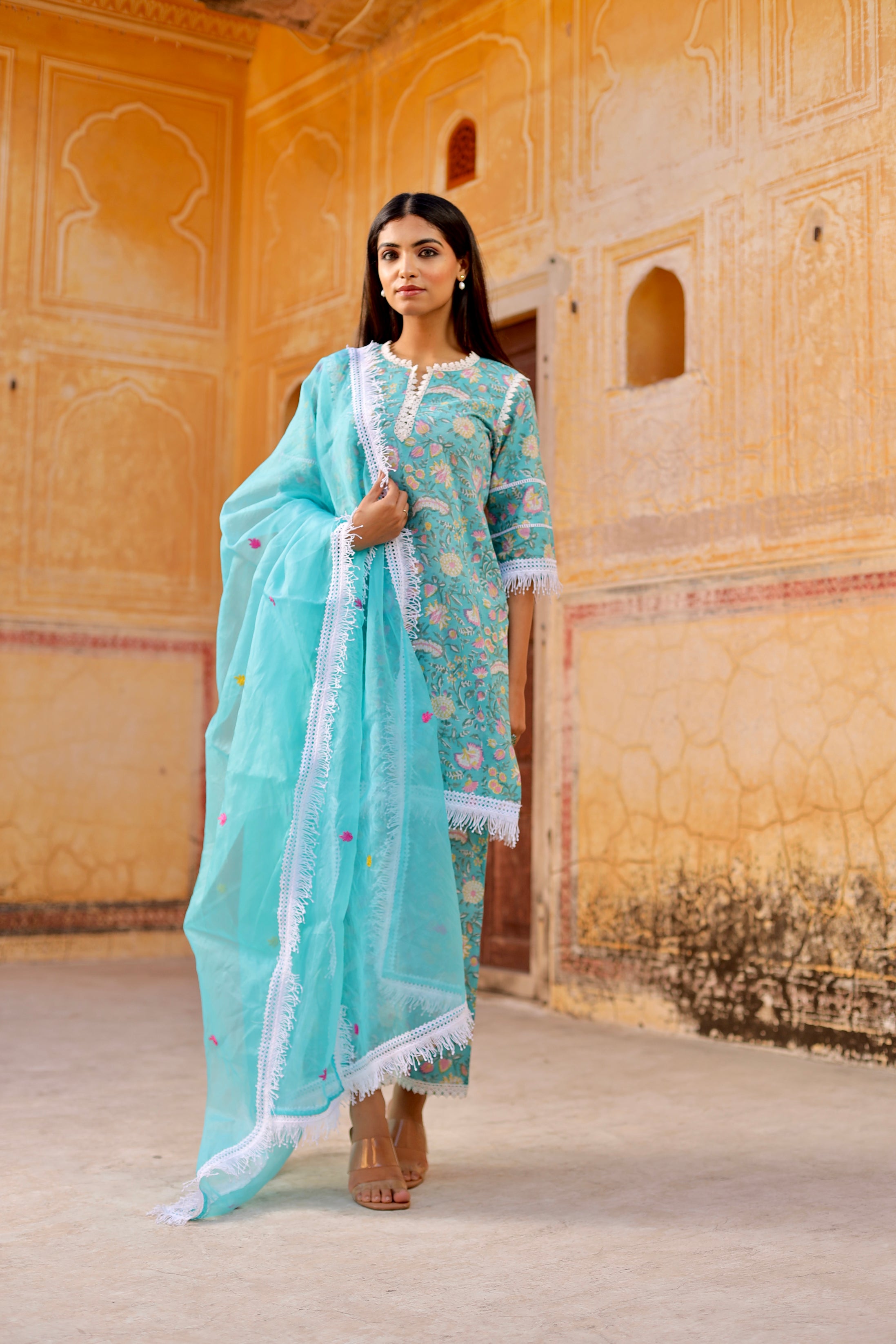 Sky flower handblock cotton straight set Asrumo