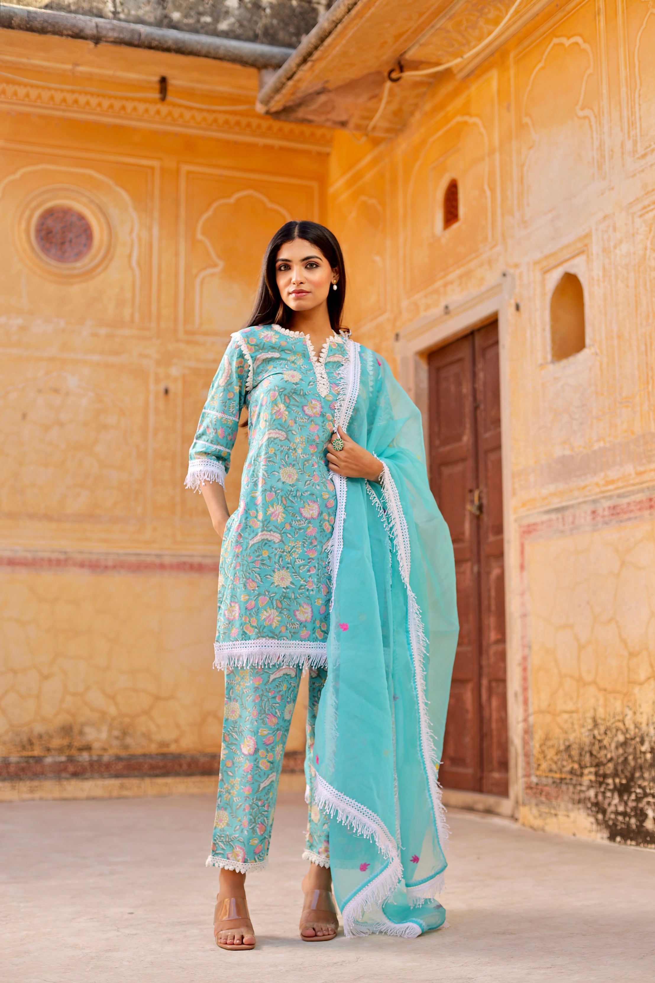 Sky flower handblock cotton straight set Asrumo