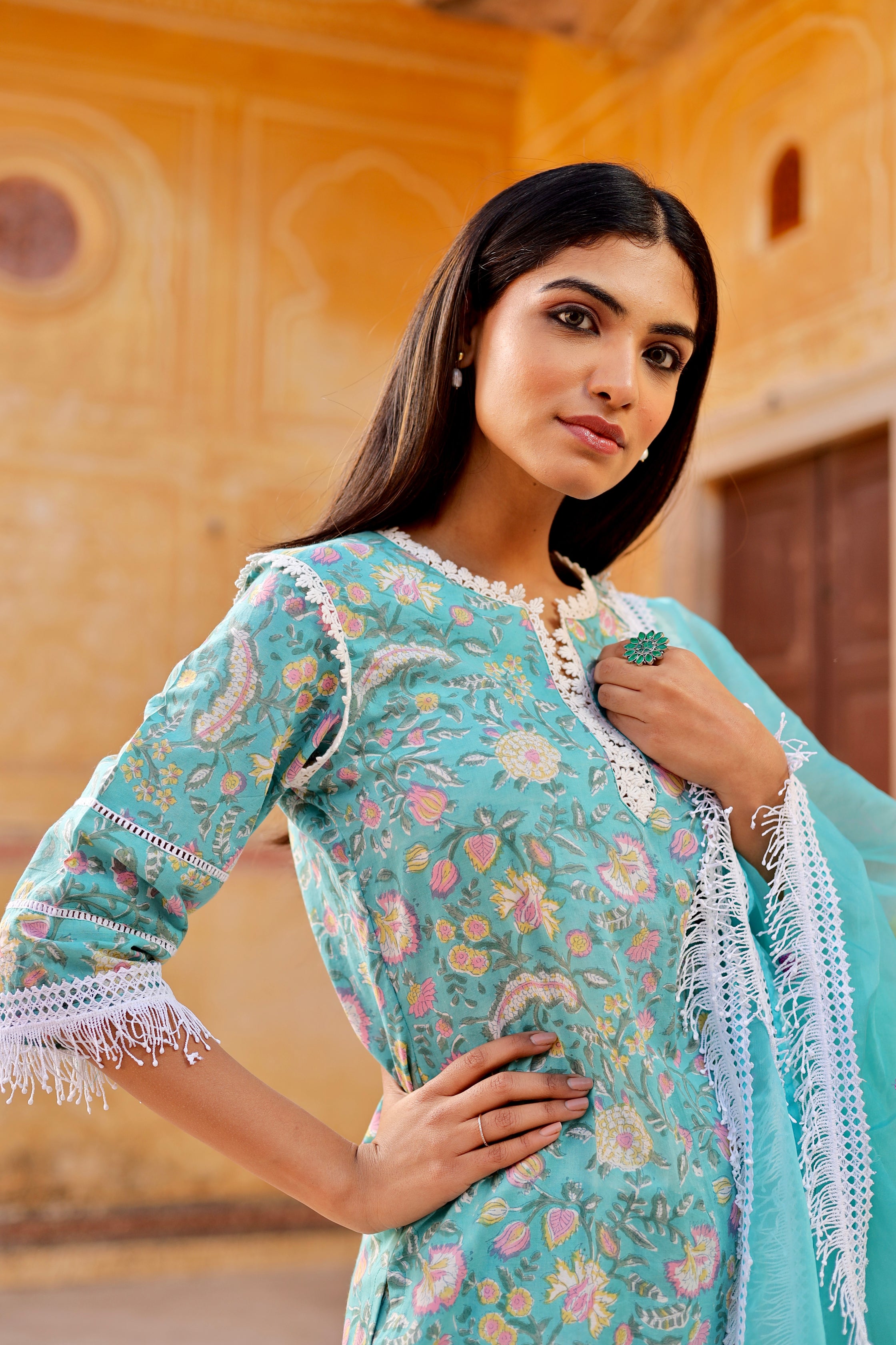 Sky flower handblock cotton straight set Asrumo