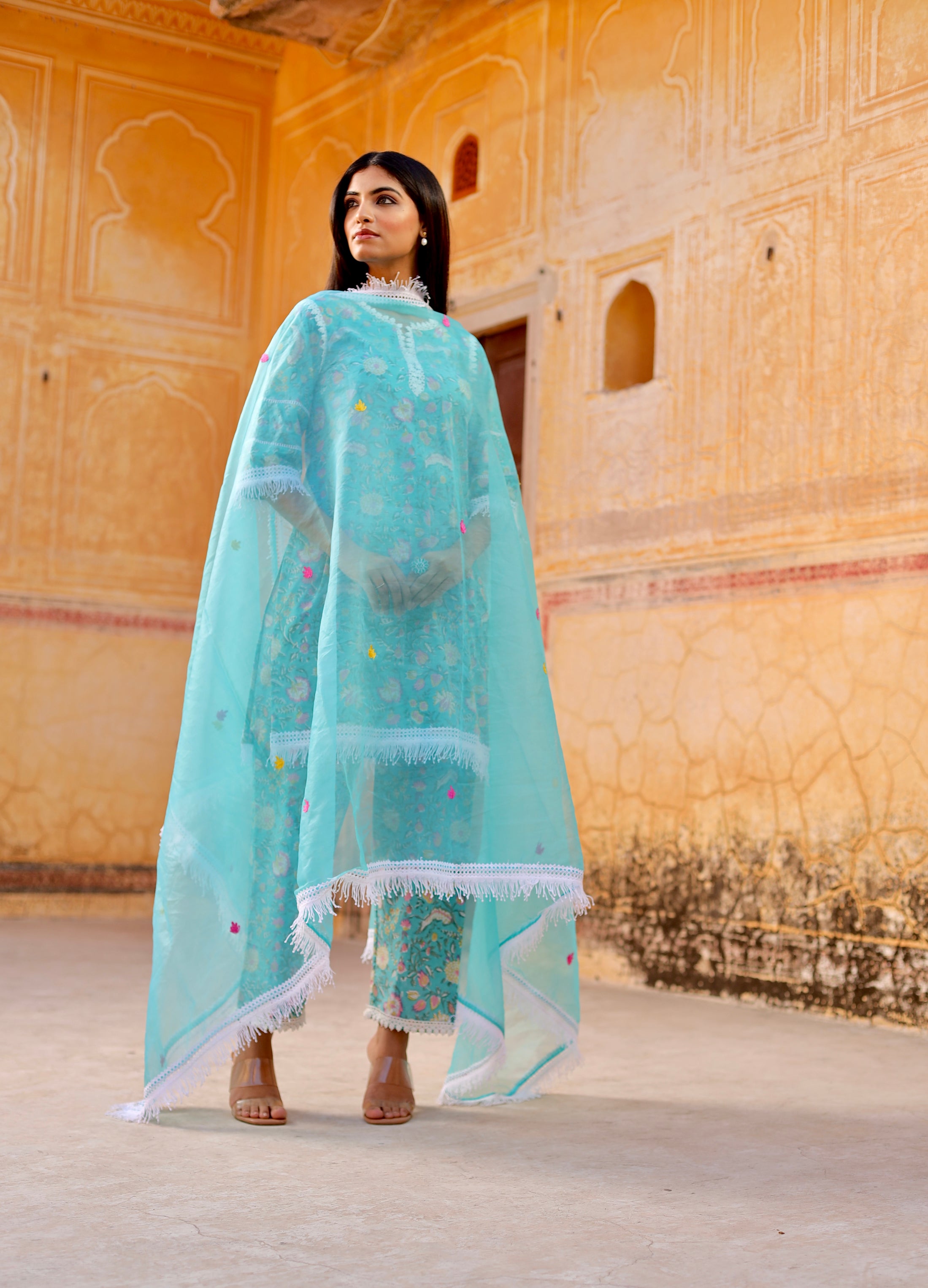 Sky flower handblock cotton straight set Asrumo