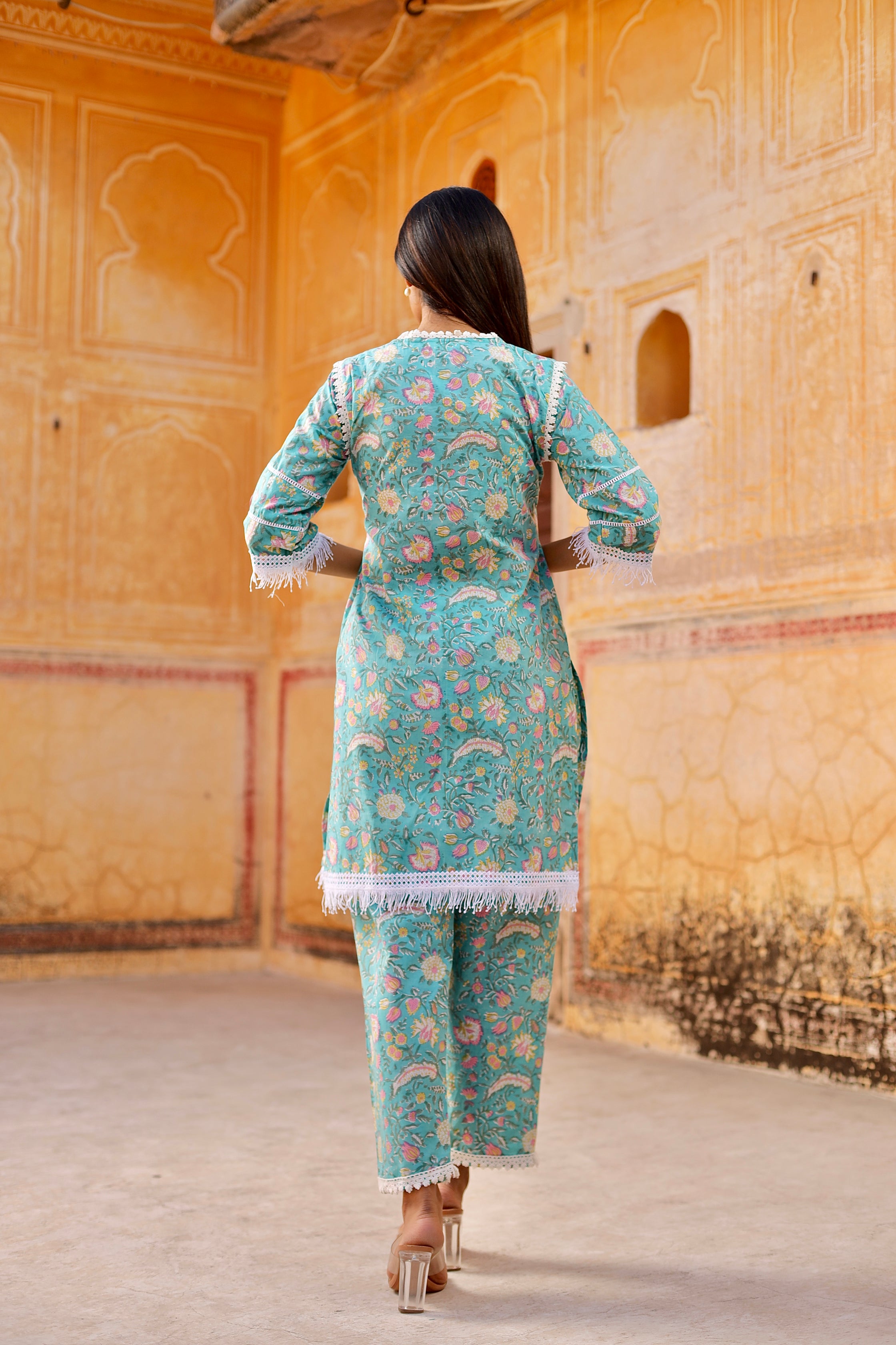 Sky flower handblock cotton straight set Asrumo