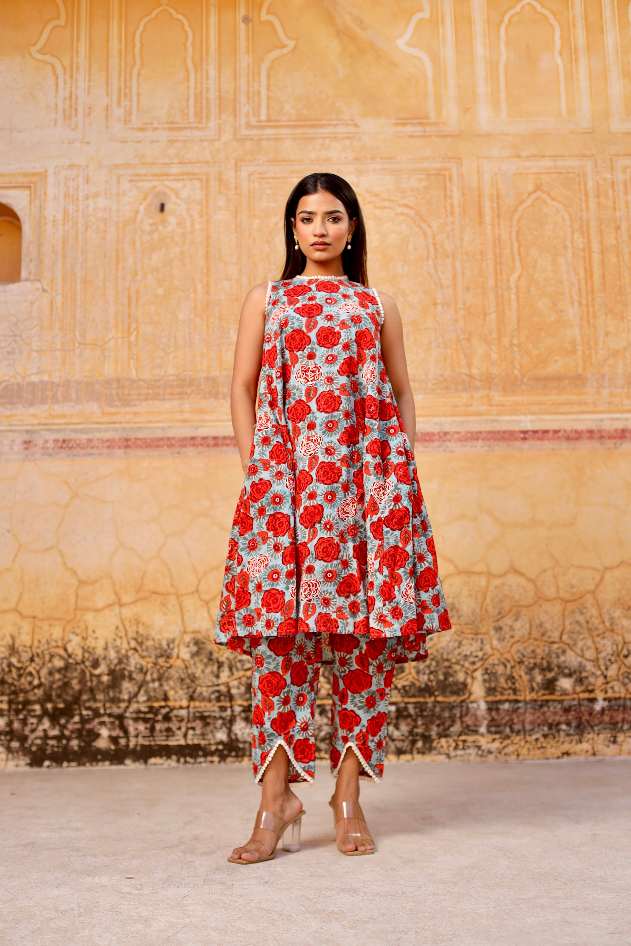 Red flower handblock cotton straight set with lehriya dupatta Asrumo