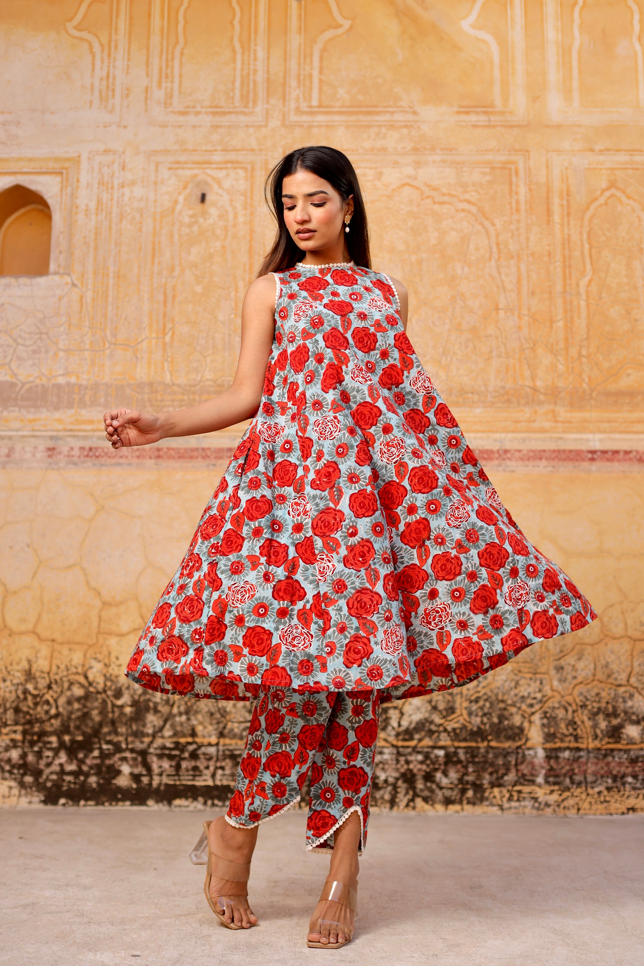 Red flower handblock cotton straight set with lehriya dupatta Asrumo