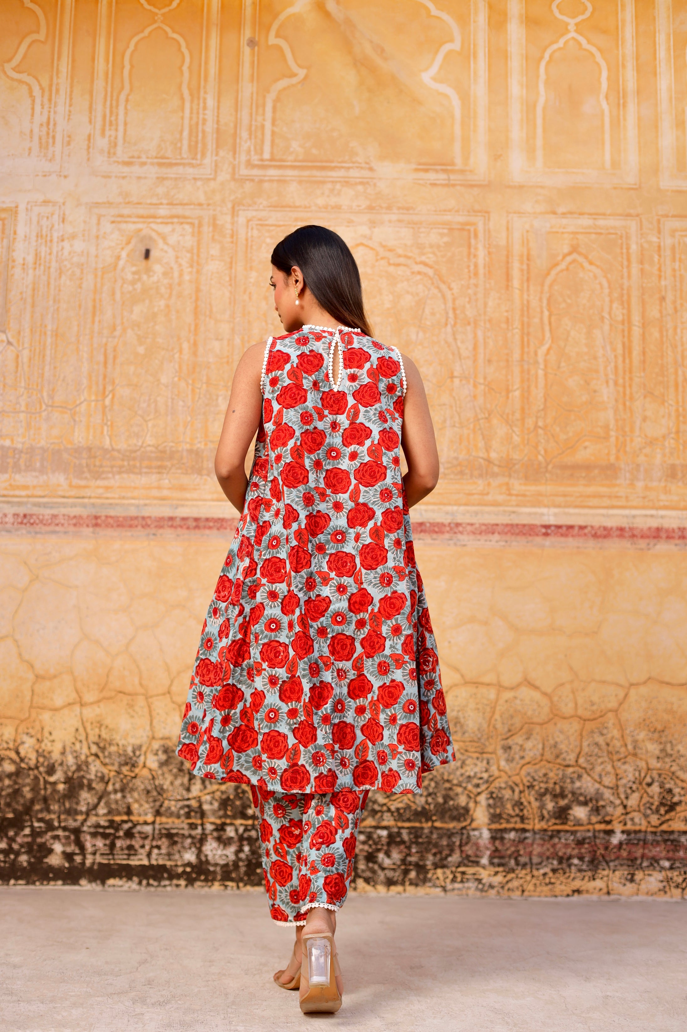 Red flower handblock cotton straight set with lehriya dupatta Asrumo