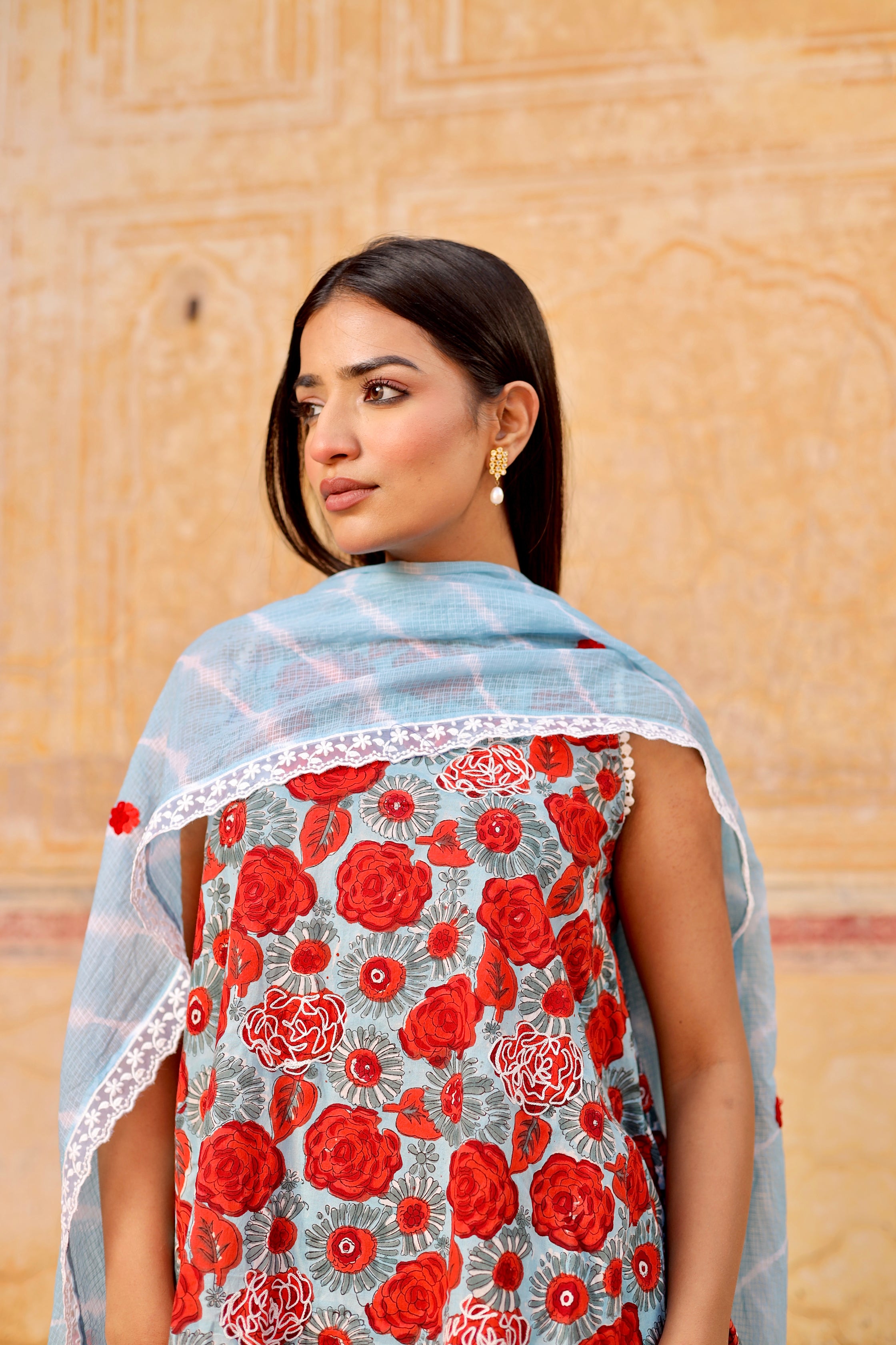 Red flower handblock cotton straight set with lehriya dupatta Asrumo